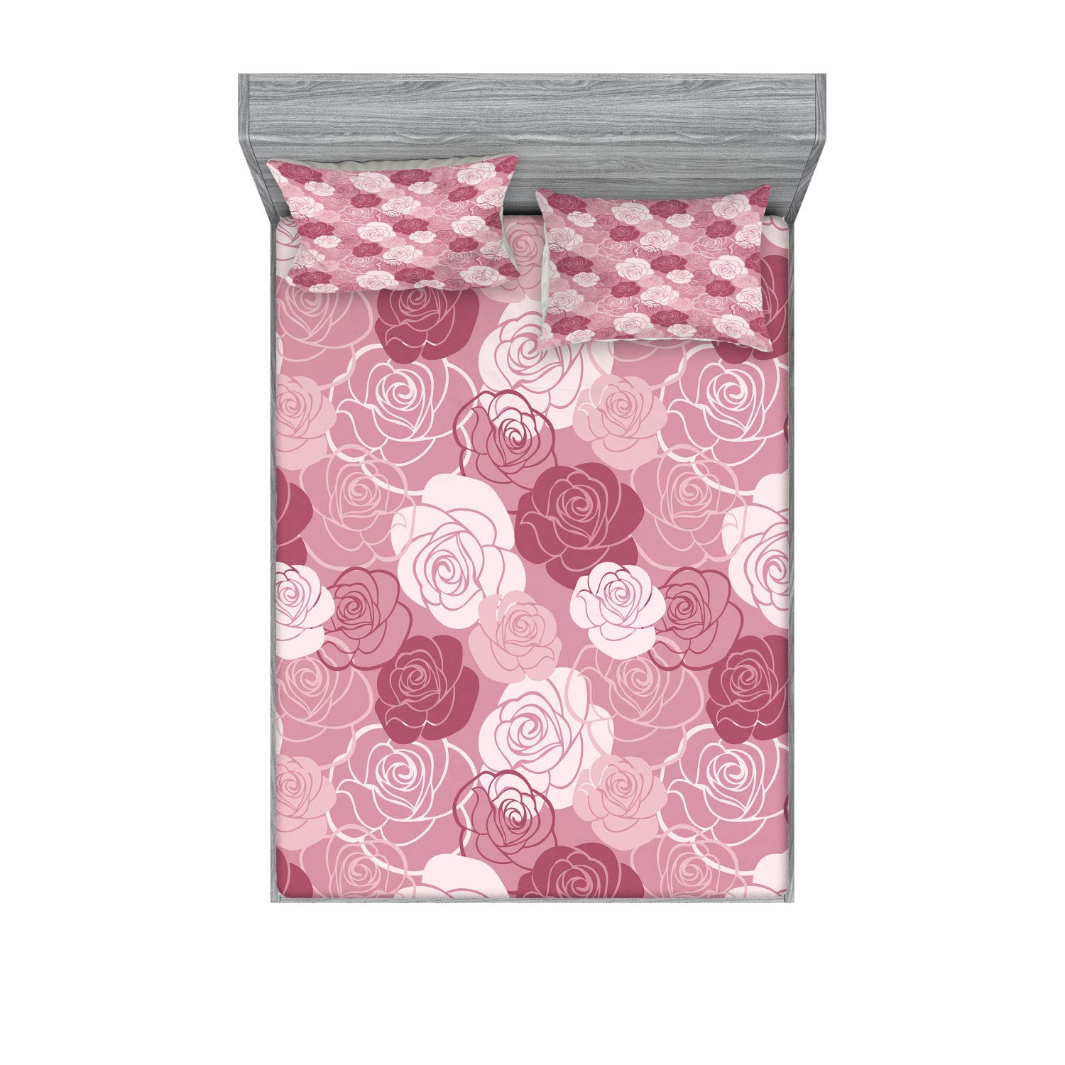Ambesonne Rose Flowers 3-Piece Bedding Set - Fitted Sheet & Pillow Shams, Pastel Romantic Floral Design with Blossom Petals, Nature-Inspired Decor for Master Bedroom or Guest Room