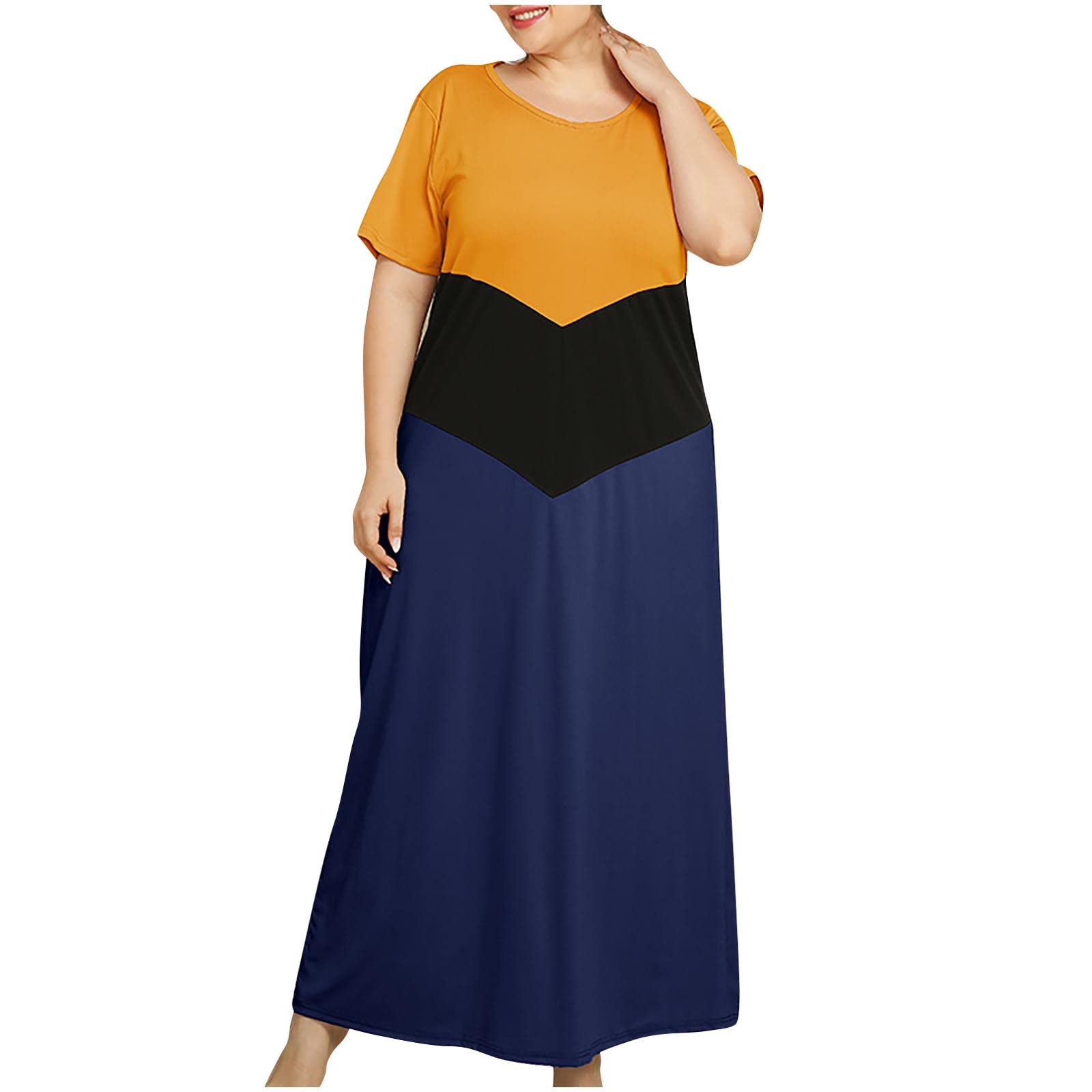 GBSELL Women's Plus Size Summer Beach Dress - Short Sleeve Color Block Maxi Dress for Vacation, Pool Party & Casual Outings | Flowy Long Dress for Women
