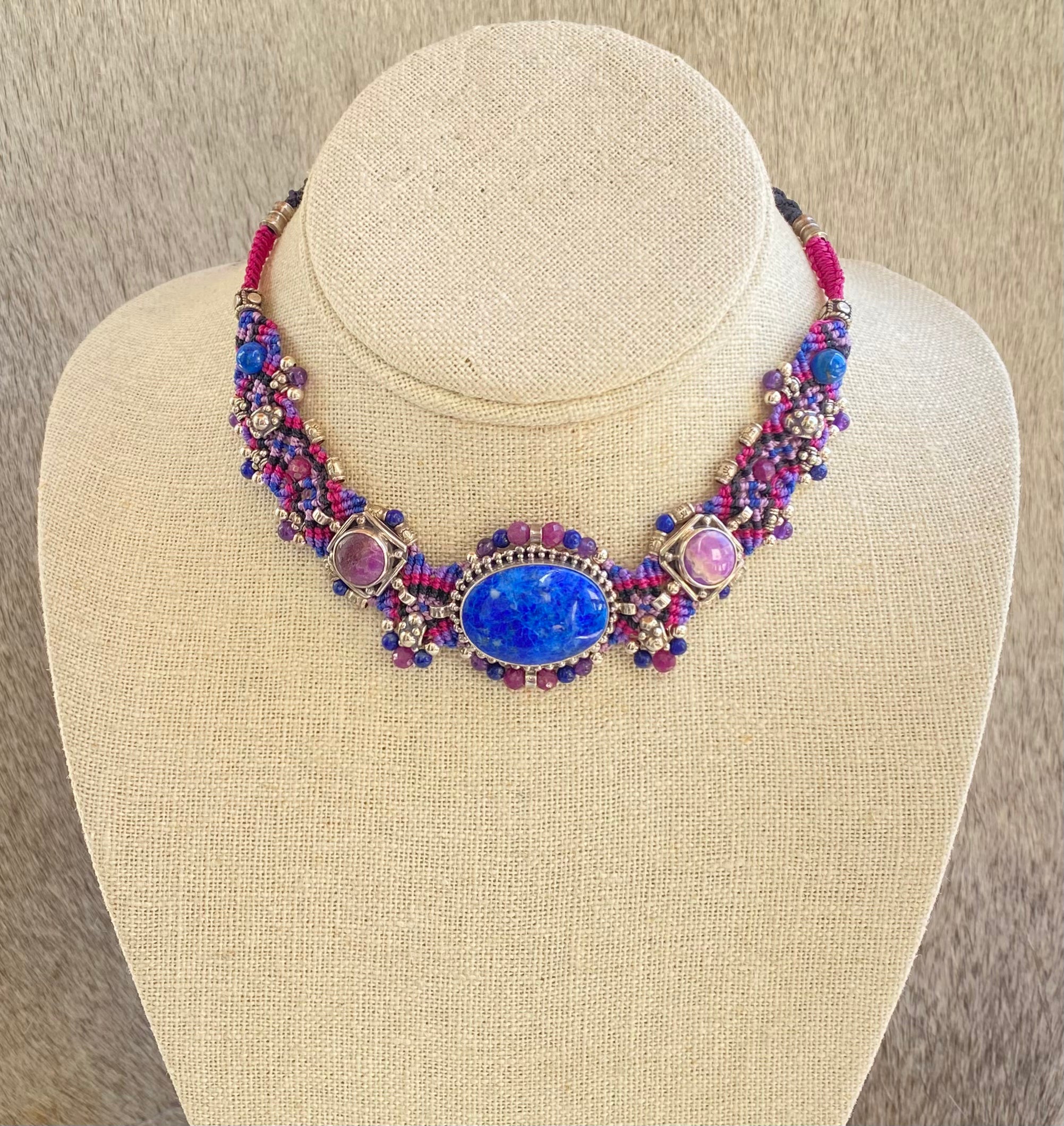 Handmade Macramé Choker Necklace with Lapis Lazuli & Sugilite Beads - Boho Chic Jewelry for Women, Festival Accessories, Yoga & Meditation Gifts