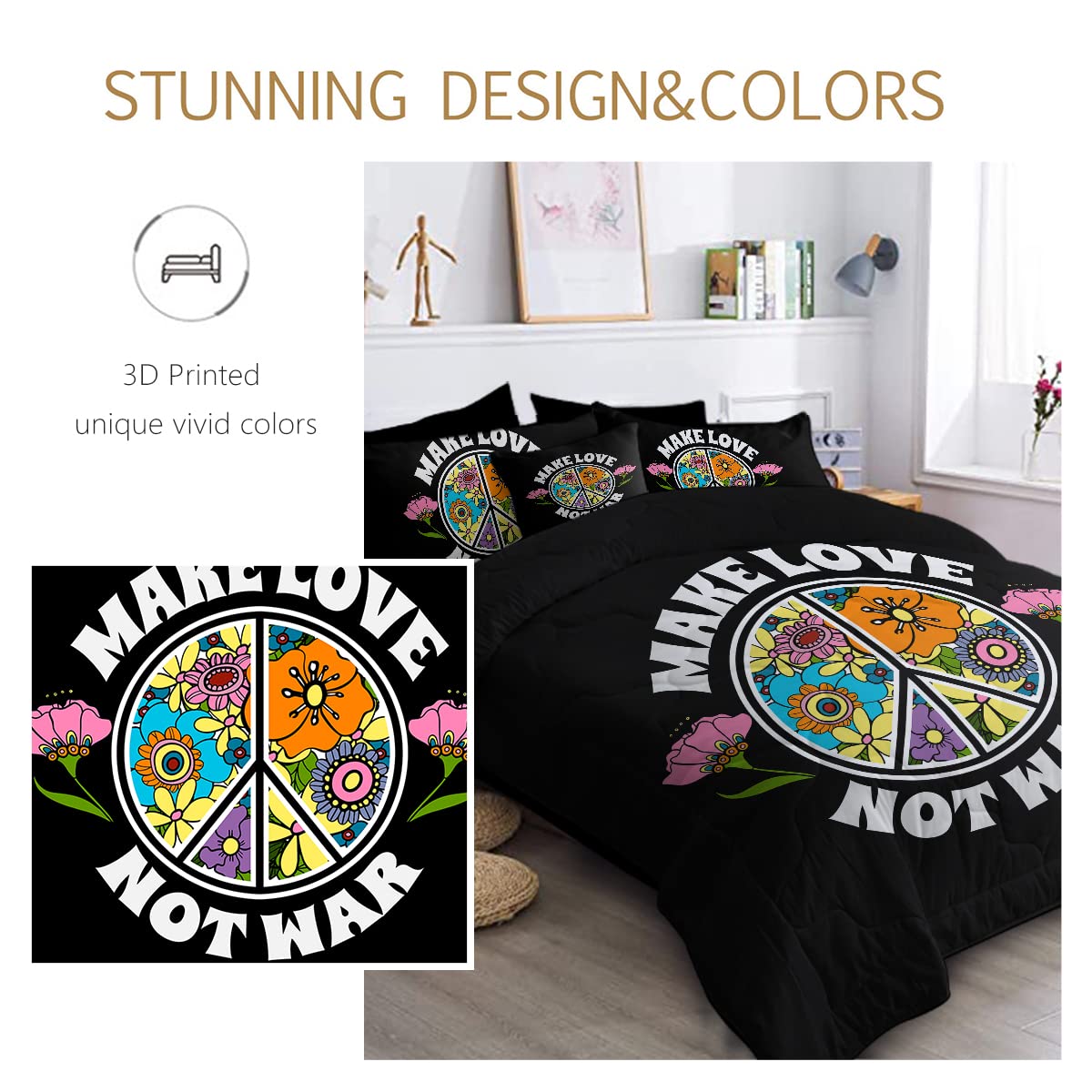 BlessLiving Love Peace Sign Twin Comforter Set - 8 Piece Hippie Bed in a Bag with Black Floral Design | Lightweight All-Season Down Alternative Bedding for Twin Beds | Perfect for Bohemian Bedrooms, Dorm Rooms & Teen Girls' Bedrooms