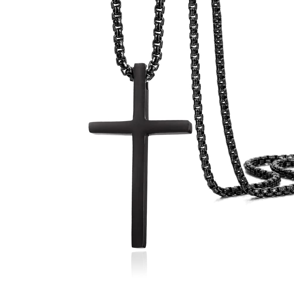 VISKYNA Men's Cross Necklace - Silver, Gold & Black Stainless Steel Religious Pendant with 24