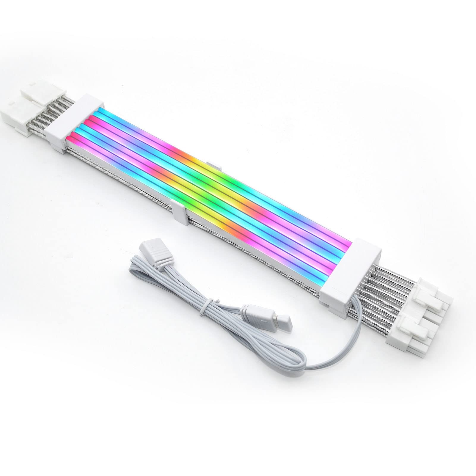 RGB Power Supply Cable Extension Kit - 24PIN ARGB Sleeved White PSU Cable for Gaming PC Case | Perfect for Custom PC Builds & RGB Lighting Setups