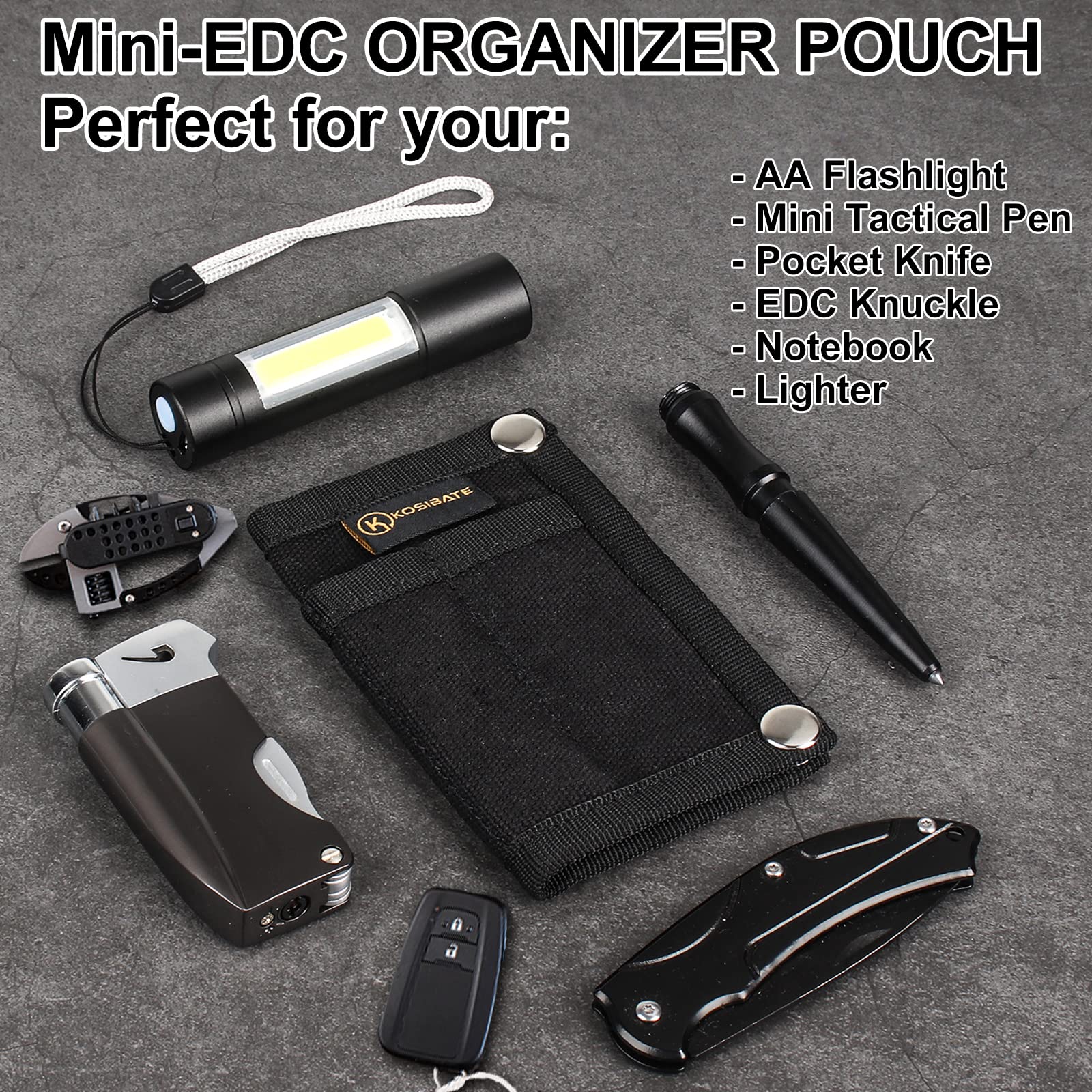 Kosibate EDC Pouch - Compact Tactical Gear Organizer for Knife, Flashlight, Pen & Cards | Slim Pocket Carry Pouch for Men | Perfect for Outdoor, Hiking, Camping & Everyday Essentials (Black)