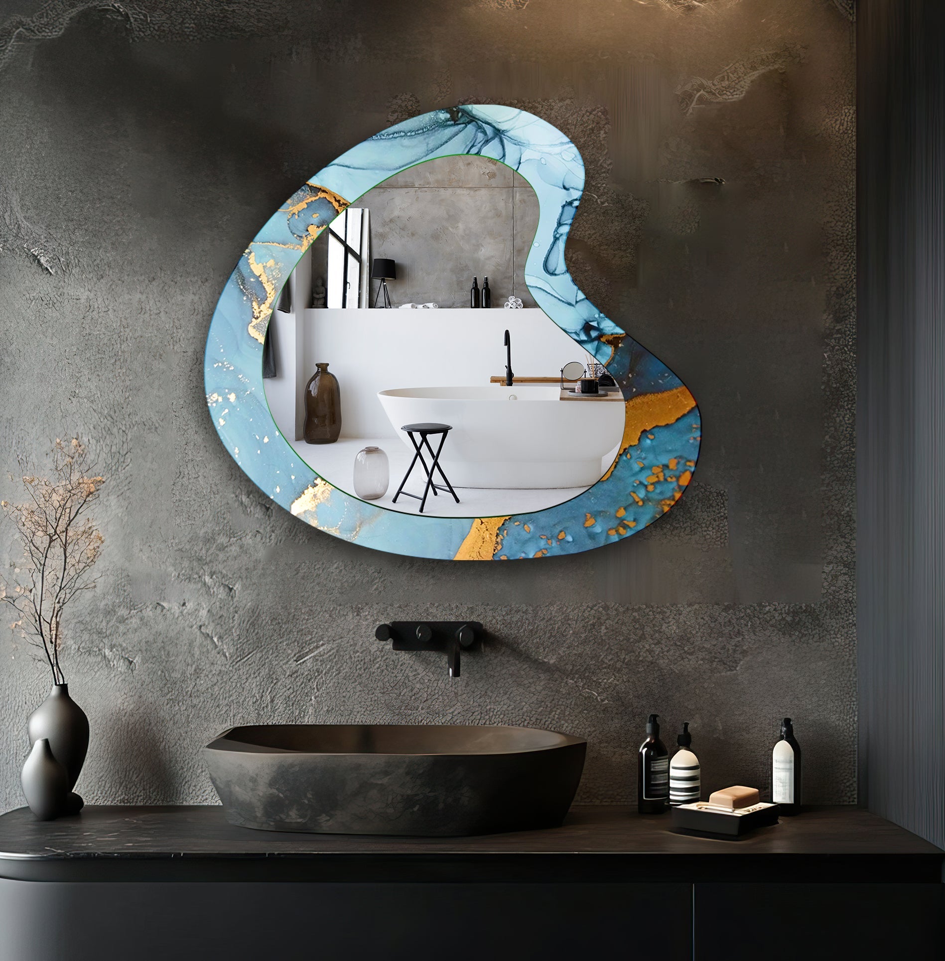 Blue & Gold Alcohol Ink Wall Mirror - Handmade Aesthetic Decorative Mirror for Home, Office & Gifts - Perfect for Living Room, Bedroom & Bathroom Decor