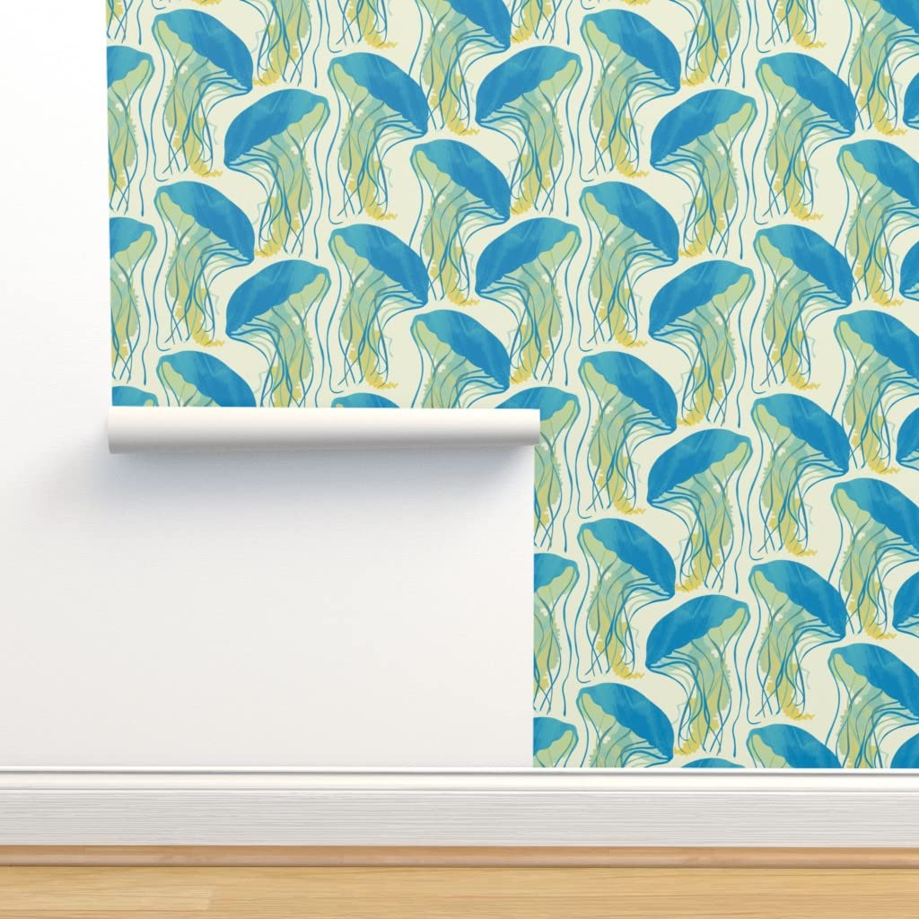 Peel & Stick Wallpaper 12ft x 2ft - Jellyfish Sea Animals Ocean Underwater Adventure Fish Custom Removable Wallpaper by Spoonflower | Perfect for Kids' Rooms, Bathrooms & Coastal Home Decor