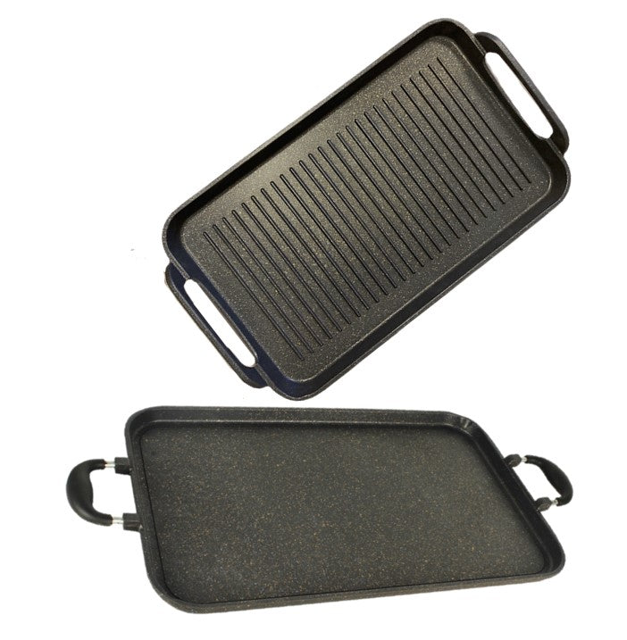 2-Pack Marble Griddle Set - Ribbed & Smooth Double-Sided Grill Pan with Free Colored Handles - Perfect for Gas Stove Cooking, Pancakes, Steaks & Outdoor BBQ