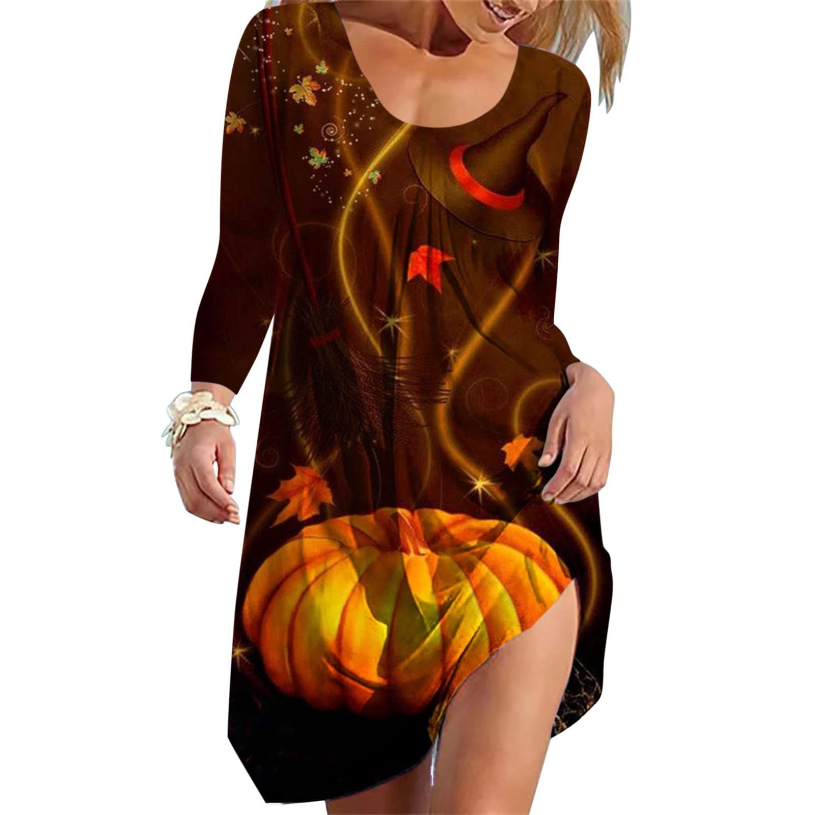 QUFECH Women's Halloween Print Ruched Midi Dress - Elegant Wedding Guest Dress with O-Neck Design for Casual Wear & Holiday Parties