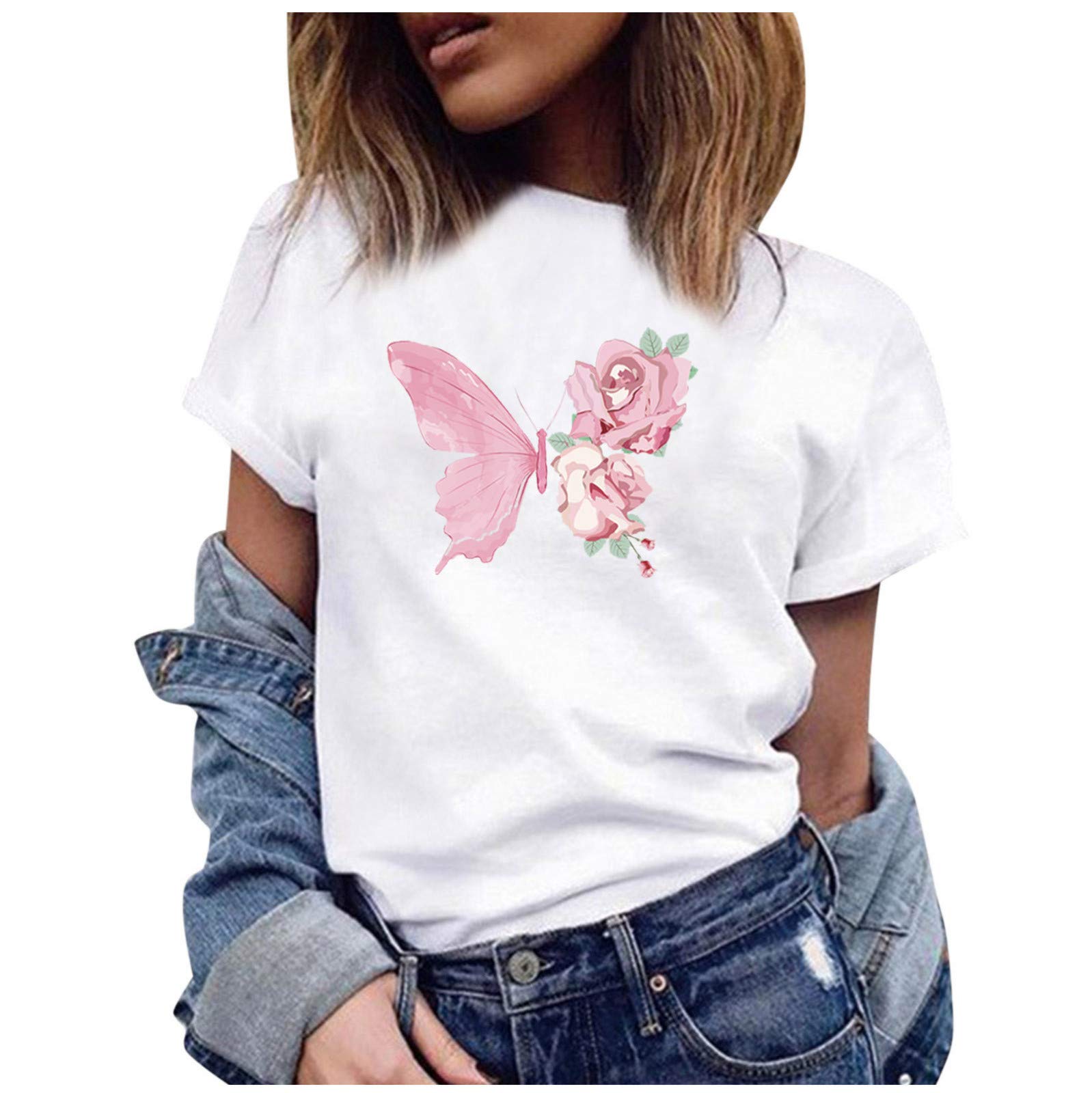 Women's Casual Summer White Short Sleeve Blouse - O-Neck Letter & Moon Print T-Shirt for Women | Perfect for Beach Outings, Weekend Brunch & Summer Vacations