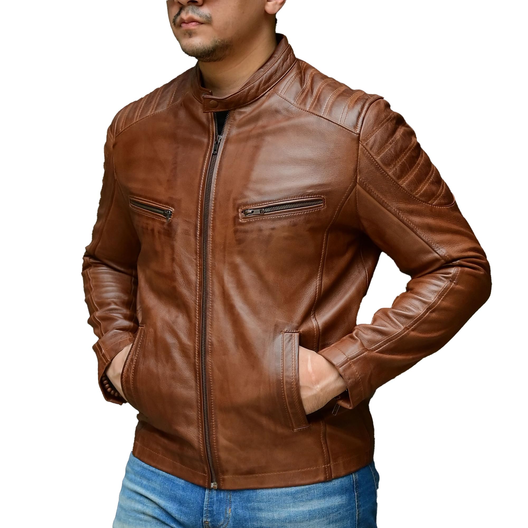 Jild Timeless Classic Men's Leather Jacket - Genuine Lambskin Biker Style Café Racer Vintage Motorcycle Jacket for Men | Perfect for Riding, Casual Wear & Fashion Statement