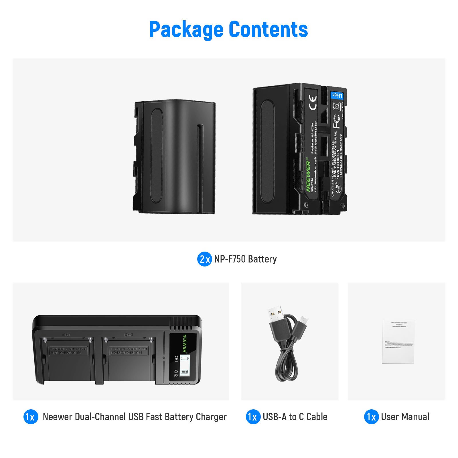 NEEWER NP-F750 Dual Channel Battery Charger Set for Sony Cameras - Fast Charging for Sony NP-F Series Batteries - Perfect for Photography, Videography, and Travel