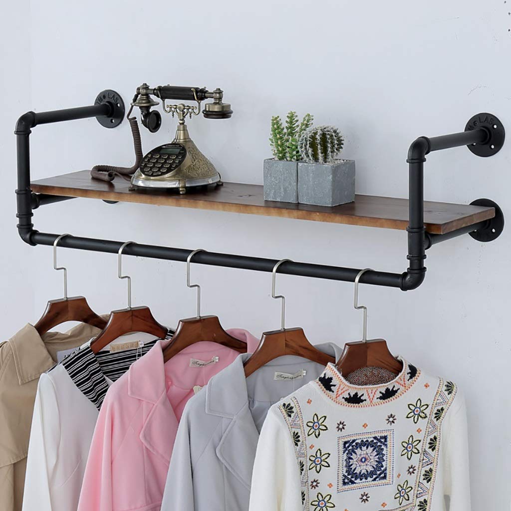 Wall Mounted Iron Pipe Garment Rack with Shelf - Heavy Duty Clothing Rod for Closet Organization (23/31/39/47 Inches, 100x25cm) - Perfect for Bedroom, Laundry Room & Small Space Storage Solutions
