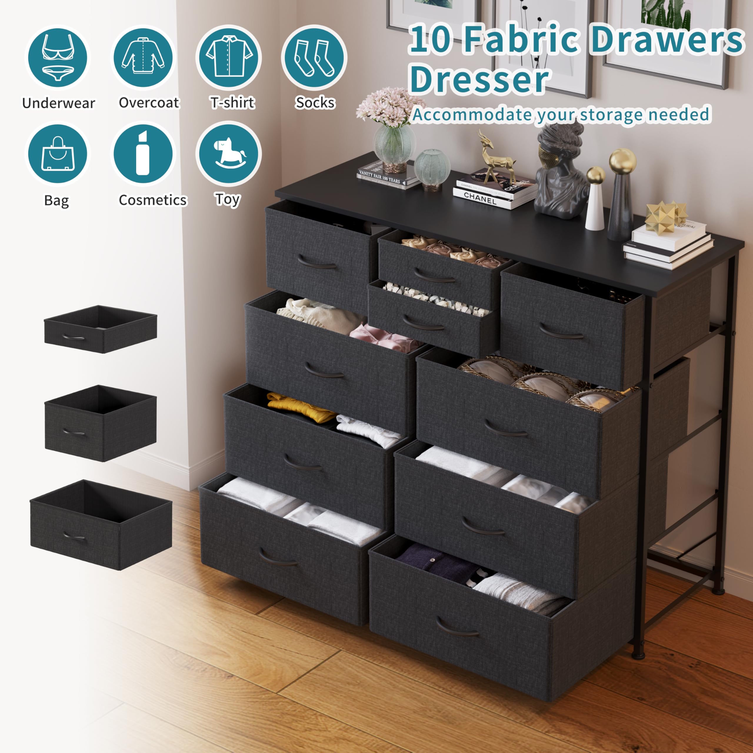 LUMTOK 10-Drawer Fabric Dresser - Steel Frame & Wood Top for Bedroom, Nursery & Closet Storage