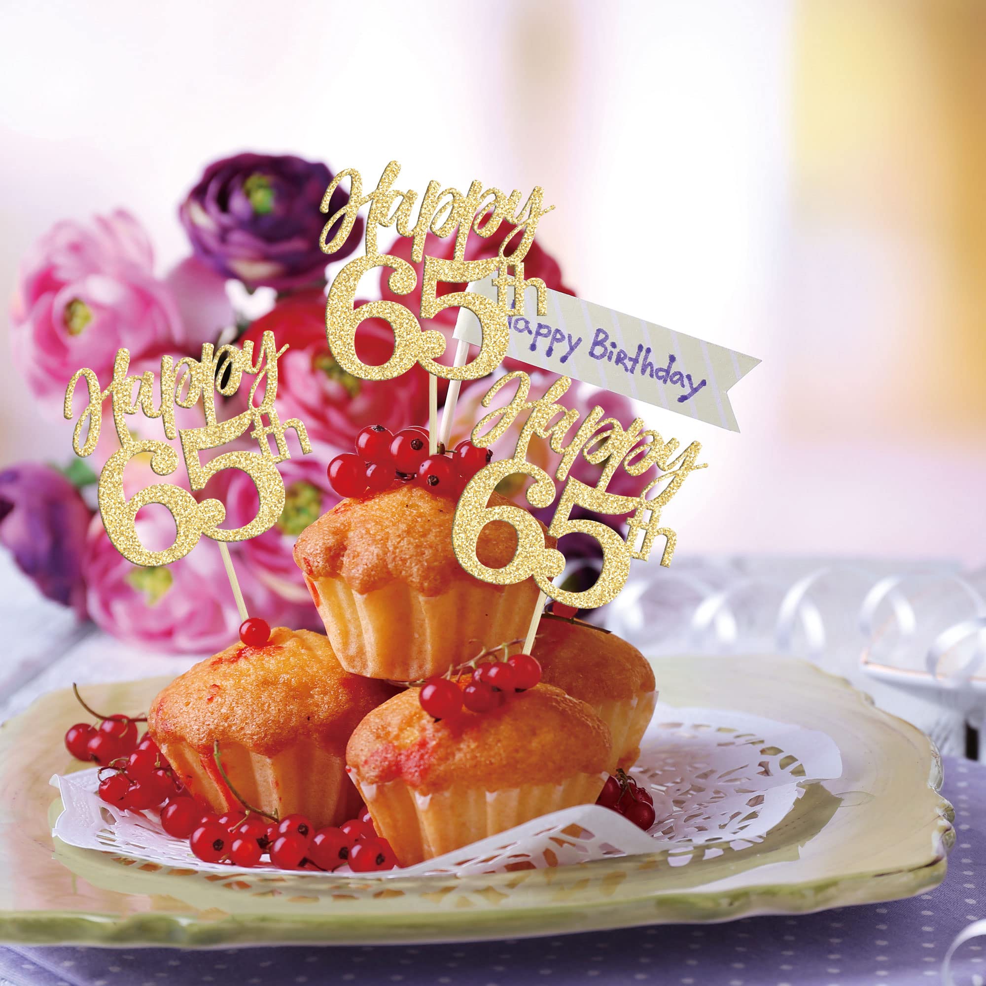 24Pcs Gold Glitter Happy 65th Birthday Cupcake Toppers - Number 65 Sixty Five Cheers Decorations for Anniversary, Wedding & Party Supplies | Perfect for 65th Birthday Cakes, Retirement Celebrations & Milestone Events