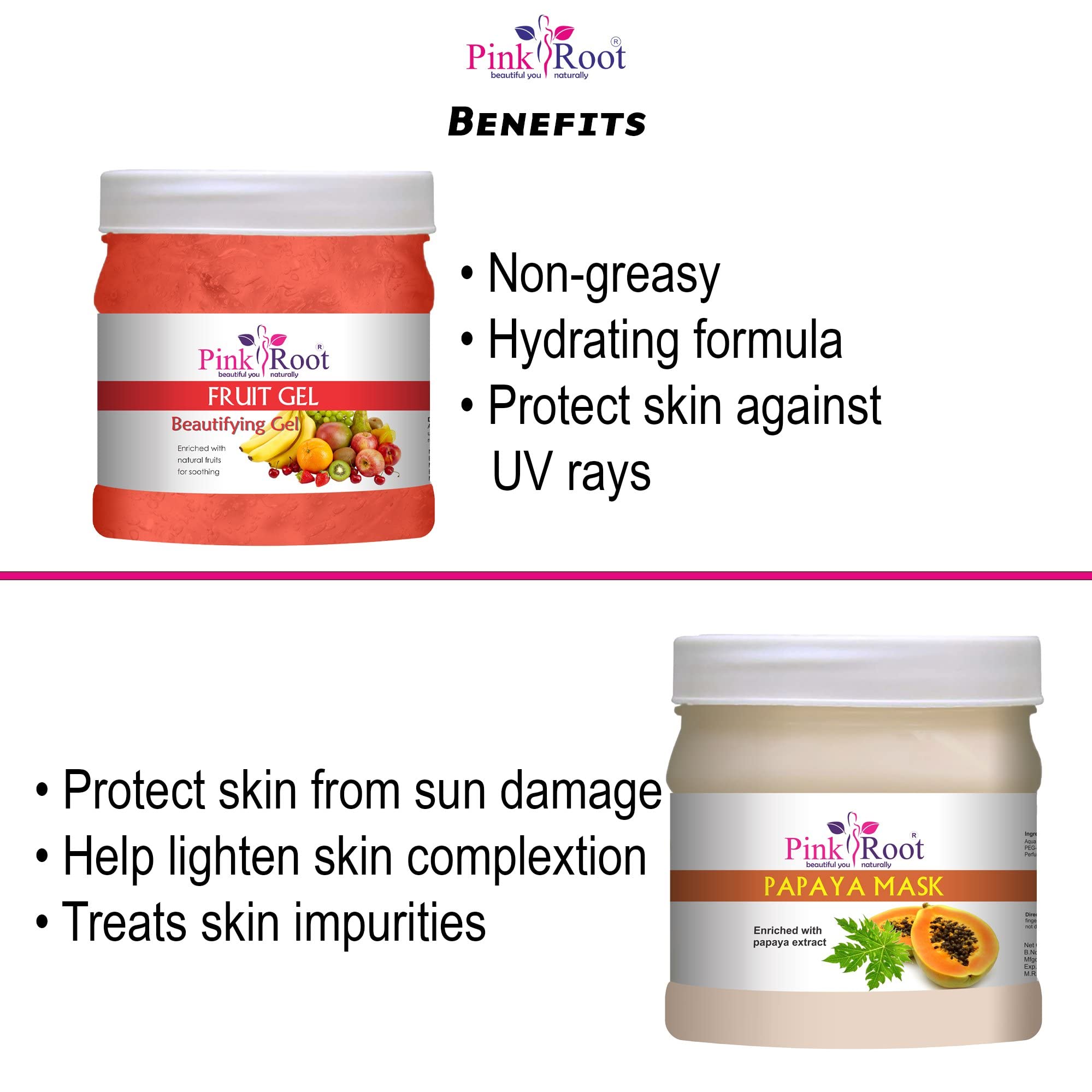 Pink Root Fruit Gel 500g with Papaya Mask 500g - Natural Skin Brightening & Hydrating Combo for Face & Body Care