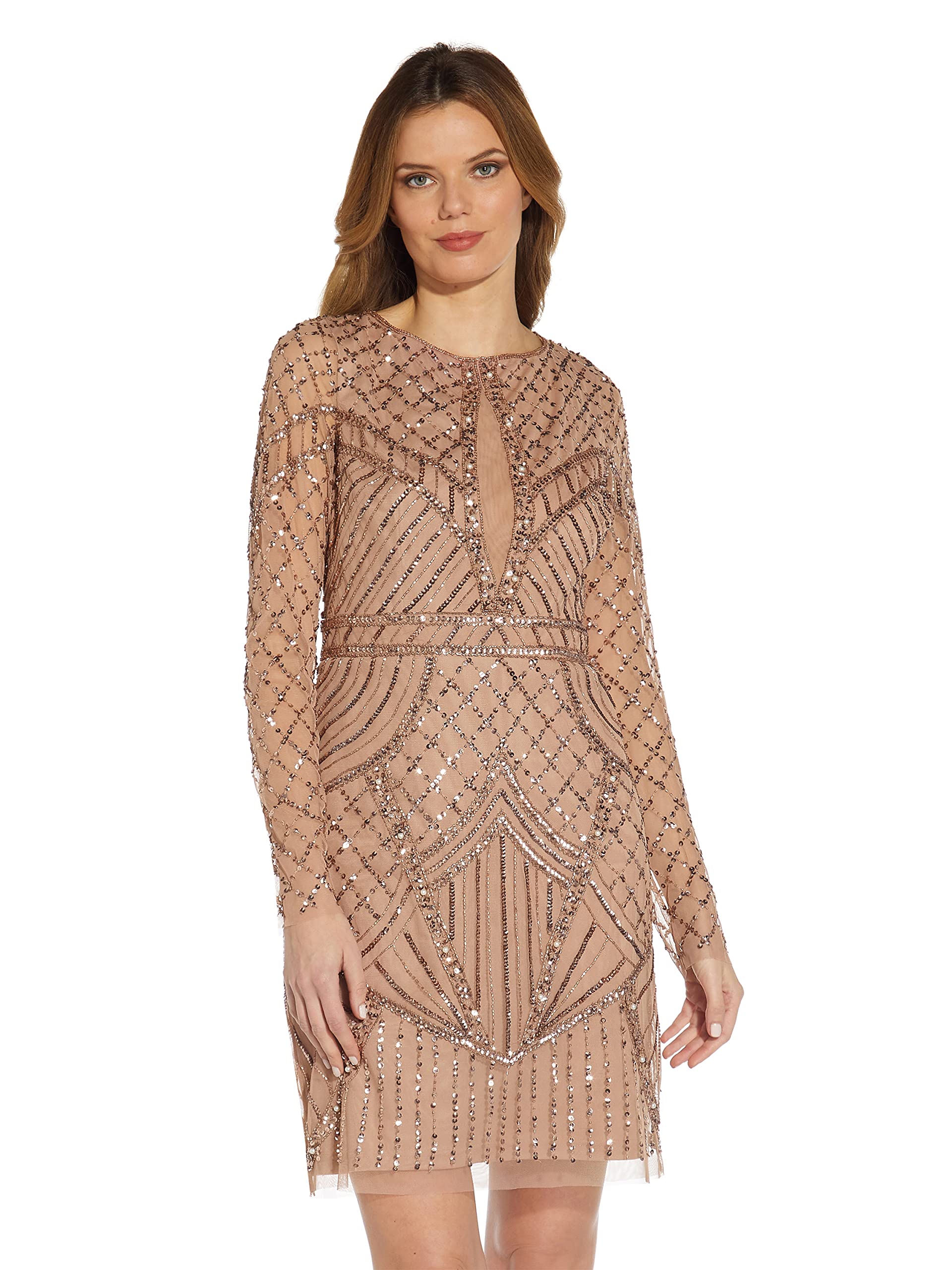 Adrianna Papell Women's Beaded Long Sleeve Sheath Dress - Elegant Formal Gown for Evening Parties, Weddings & Special Occasions