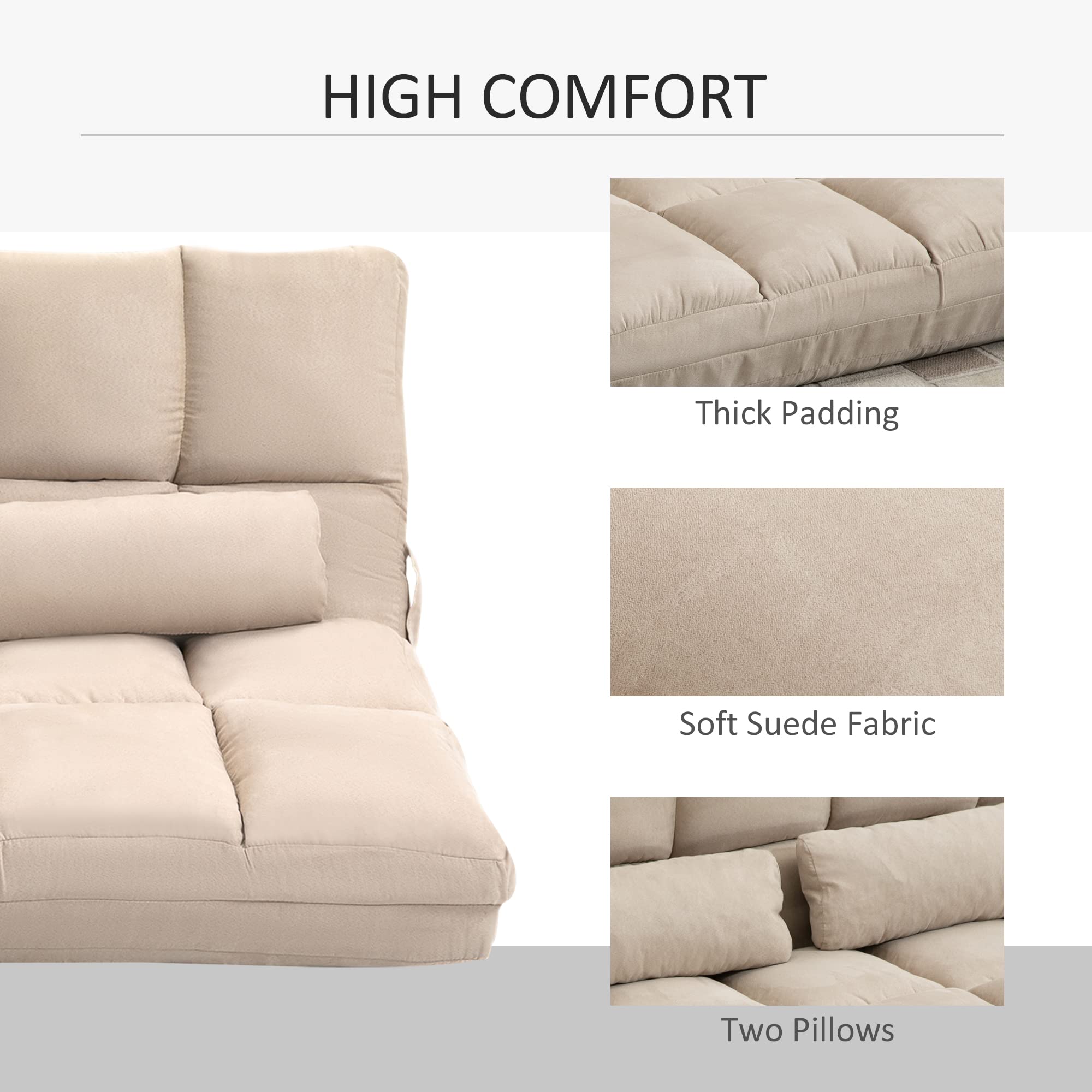 HOMCOM Convertible Floor Sofa Chair - Foldable Couch Bed & Guest Chaise Lounge with 2 Pillows, Adjustable Backrest & Headrest, 40.25