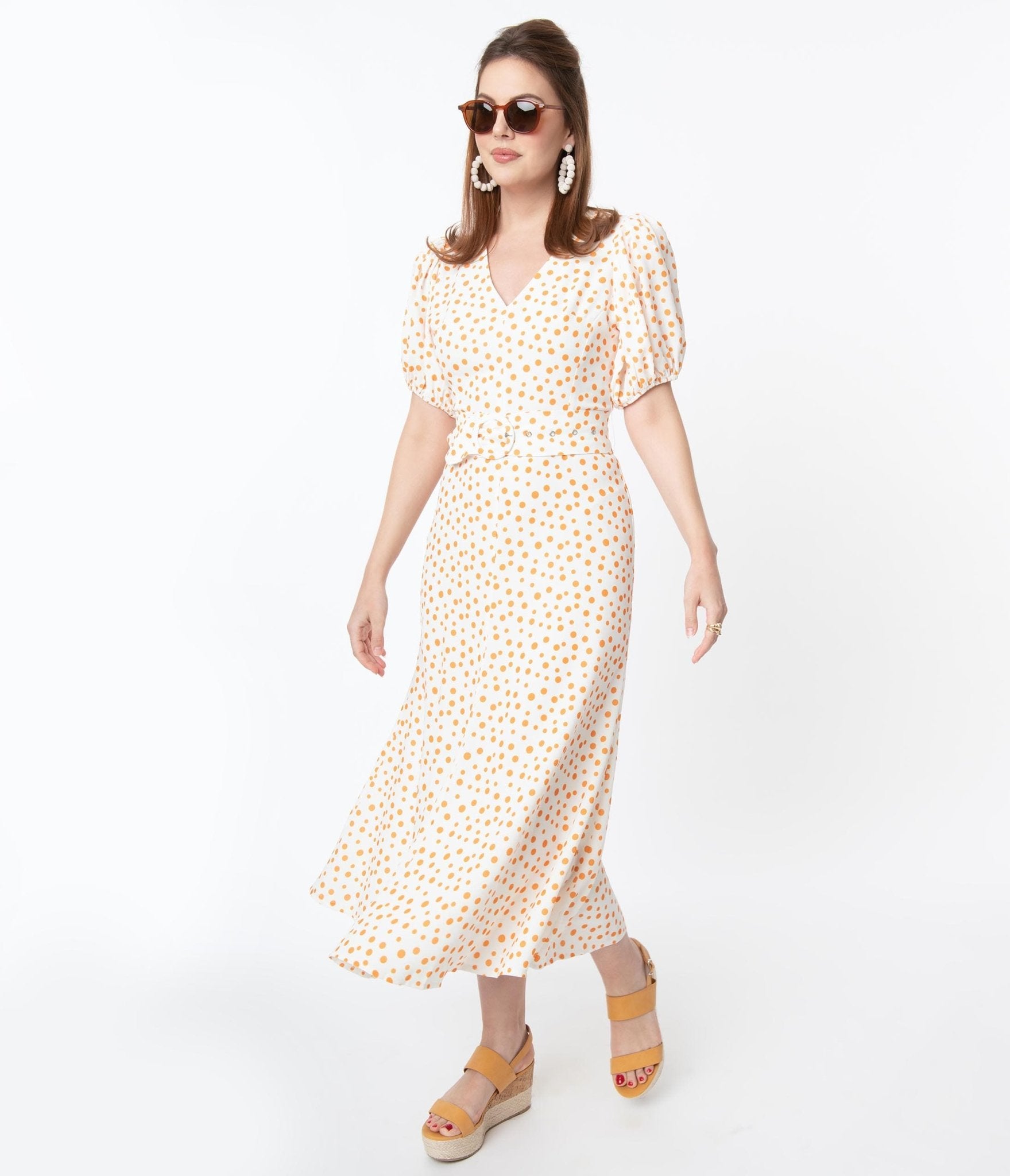 Off White & Orange Polka Dot Catherine Maxi Dress - Women's Elegant Flowy Summer Dress for Beach, Party & Special Occasions