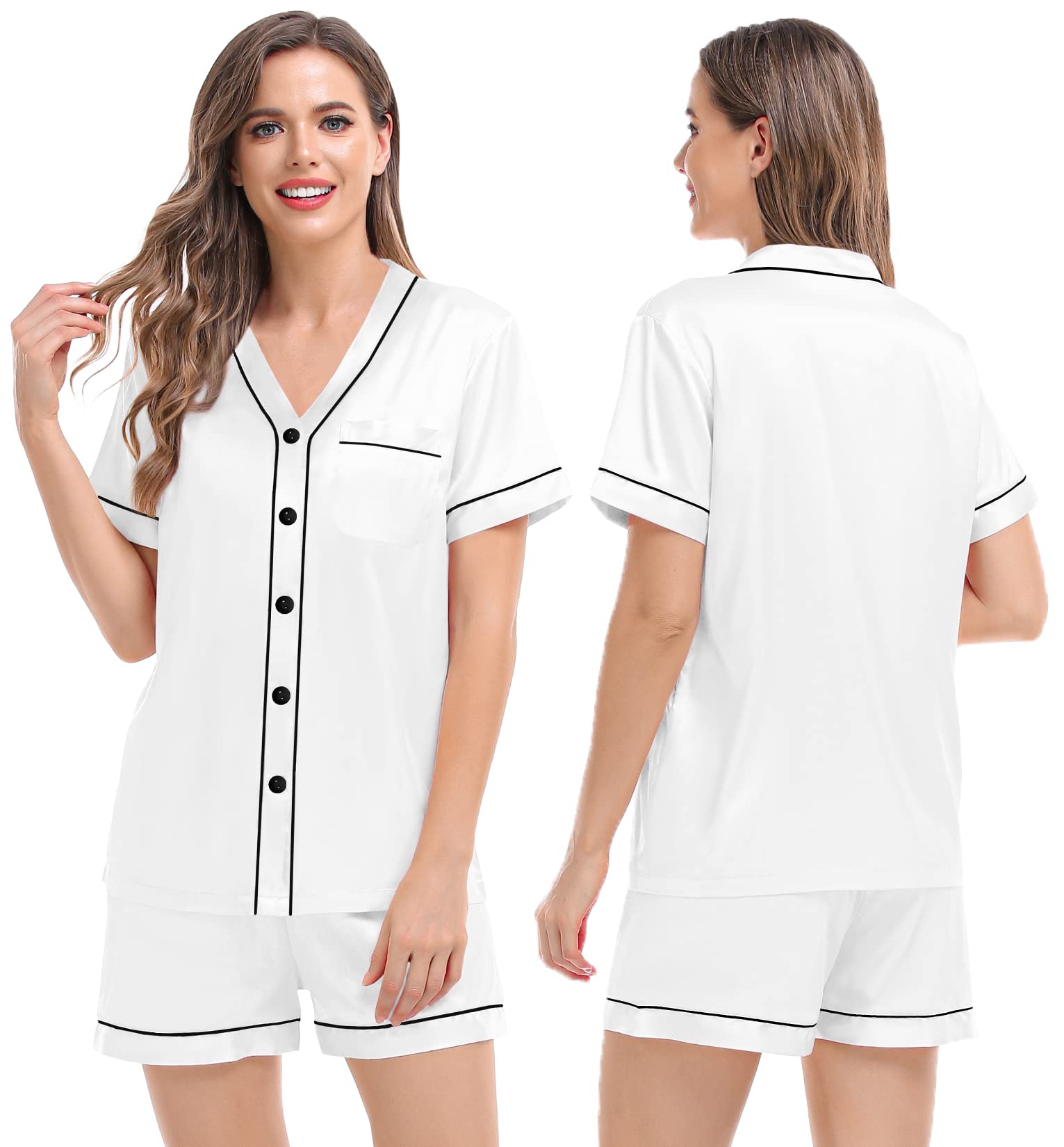 SWOMOG Women's Satin Pajama Set - V-Neck Short Sleeve Top & Capri Pants 2-Piece Lounge Wear | Soft Sleepwear for Women | Perfect for Bedtime, Lounging & Travel