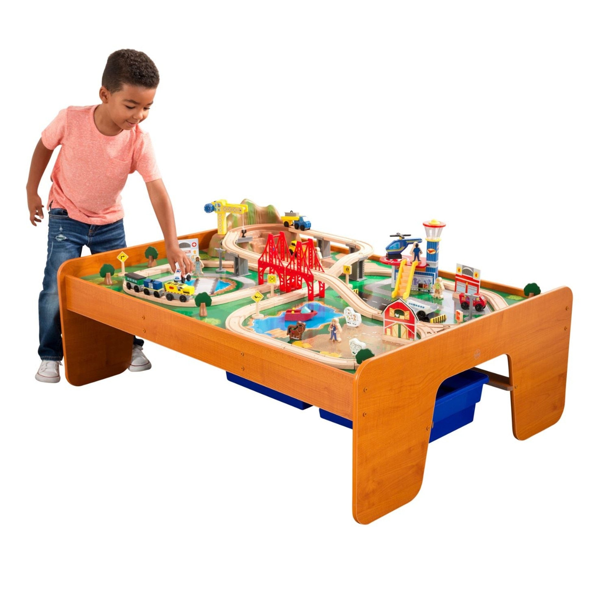 KidKraft Ride Around Town Train Set & Table - Wooden Toy Train Track Playset for Toddlers & Kids - Perfect for Playrooms, Daycares & Birthday Gifts