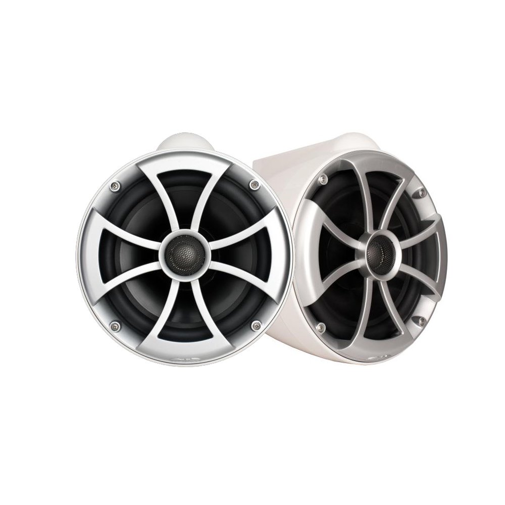 Wet Sounds ICON8W-FMINI 8 Inch White Marine Tower Speakers with Mini Stainless Steel Fixed Clamps & HTX2 Amplifier - Perfect for Boat, Wakeboard Tower, and Outdoor Water Sports Audio System