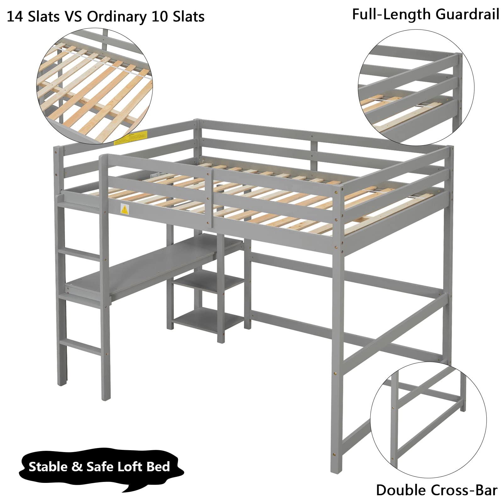 Aoowow Full Size Wood Loft Bed with Study Desk & Storage Shelves - Sturdy High Loft Bed Frame with Guardrail & Ladder for Kids & Teens - No Box Spring Needed (Gray) - Perfect for Small Bedrooms, Dorm Rooms & Space-Saving Kids' Rooms