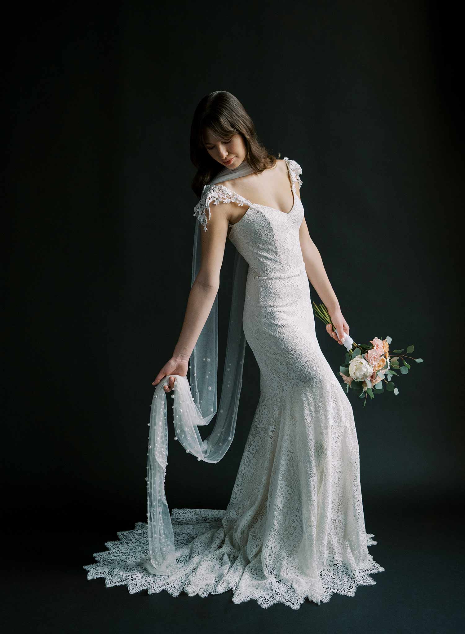 Elegant Mixed Pearl Embroidered Wedding Veil - Chapel Length Bridal Scarf (Style #2577) | Perfect for Church Ceremonies & Romantic Photoshoots