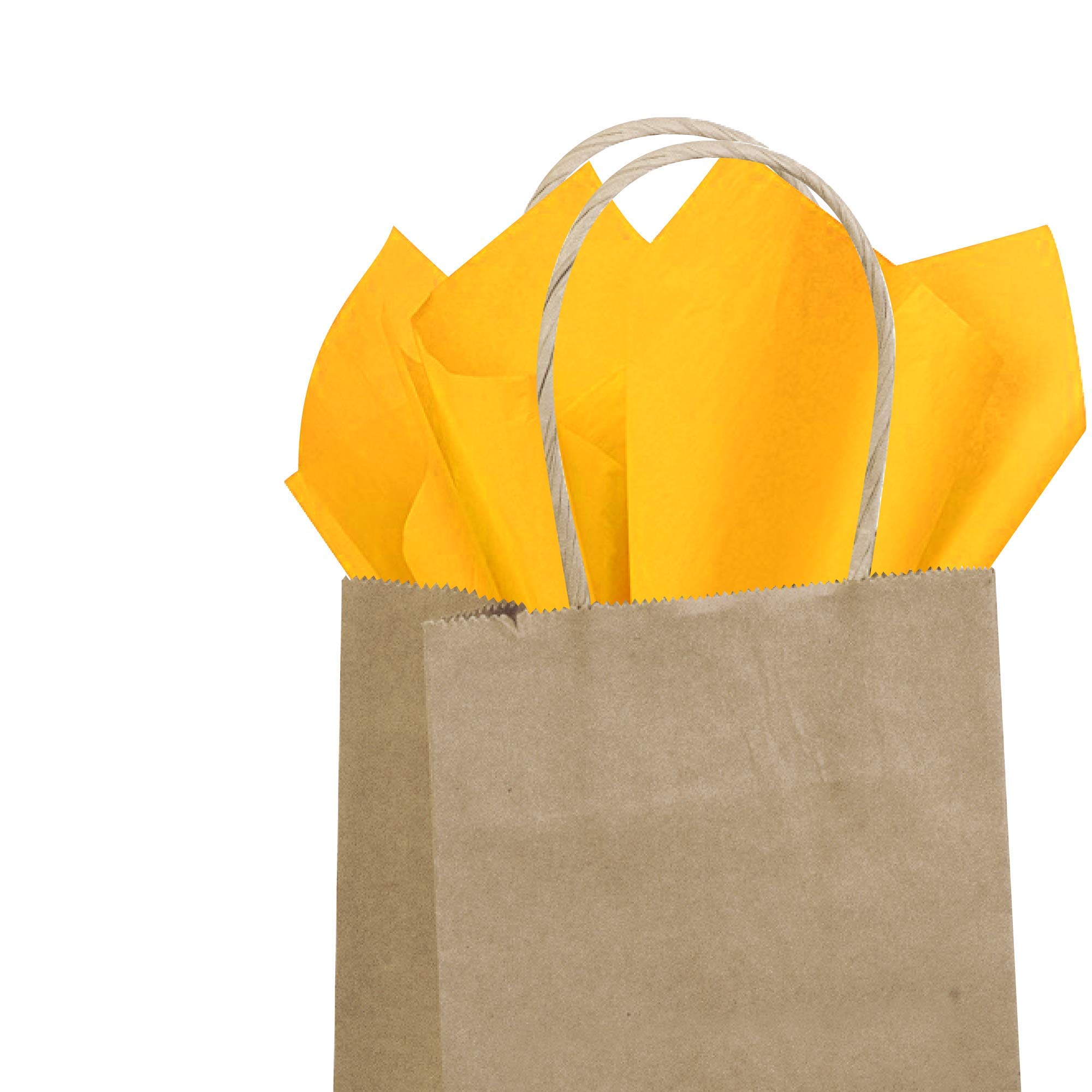 Flexicore Packaging® 50-Pack Natural Brown Kraft Paper Gift Bags with 100 Sheets Goldenrod Yellow Tissue Paper - Eco-Friendly Party Favor Bags for Weddings, Birthdays & Holiday Gifts