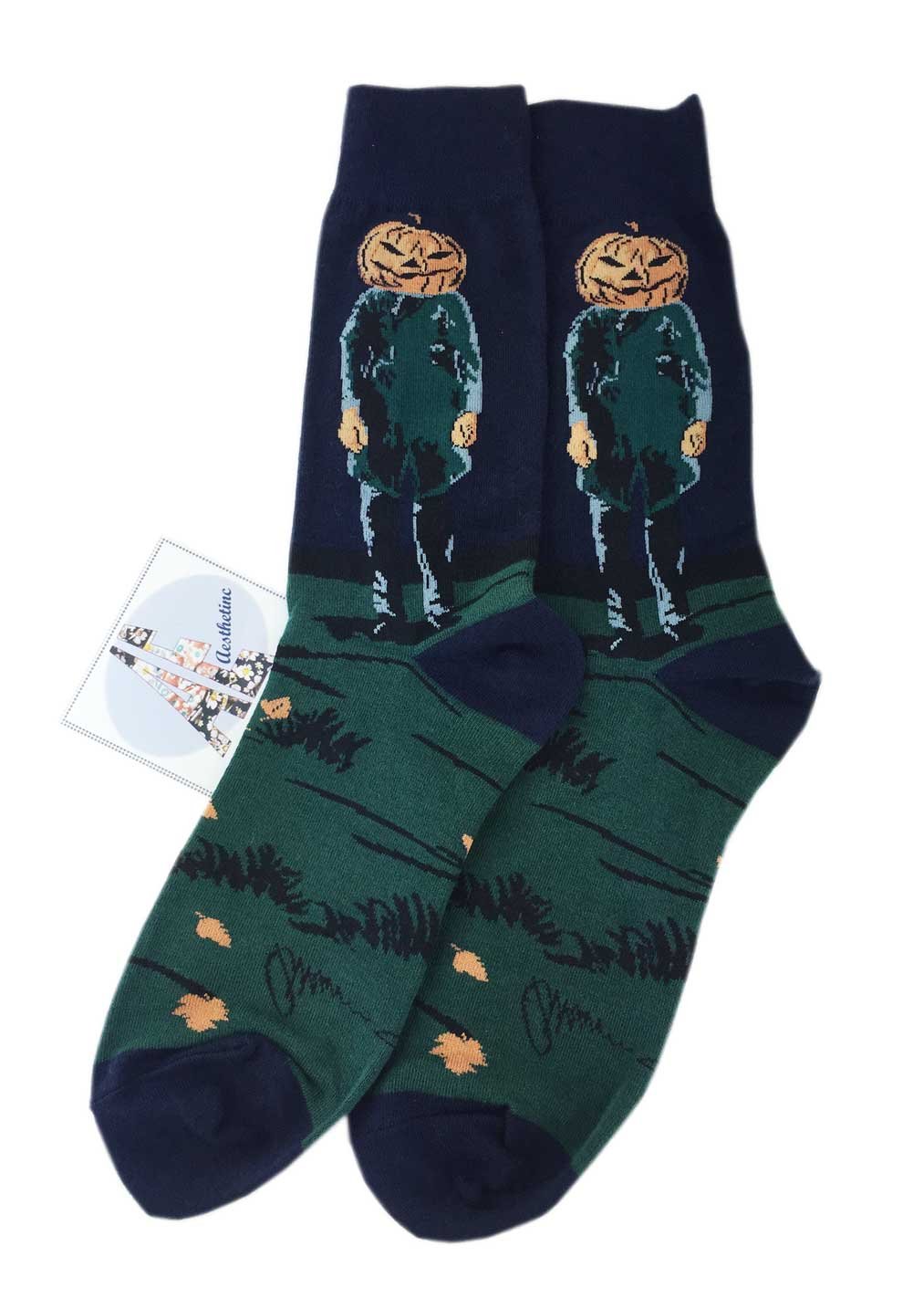 Scary Pumpkin Man Novelty Cotton Socks for Men - Halloween Costume Accessories (Black & Green, 1 Pair) - Perfect for Halloween Parties, Cosplay, and Spooky Outfits