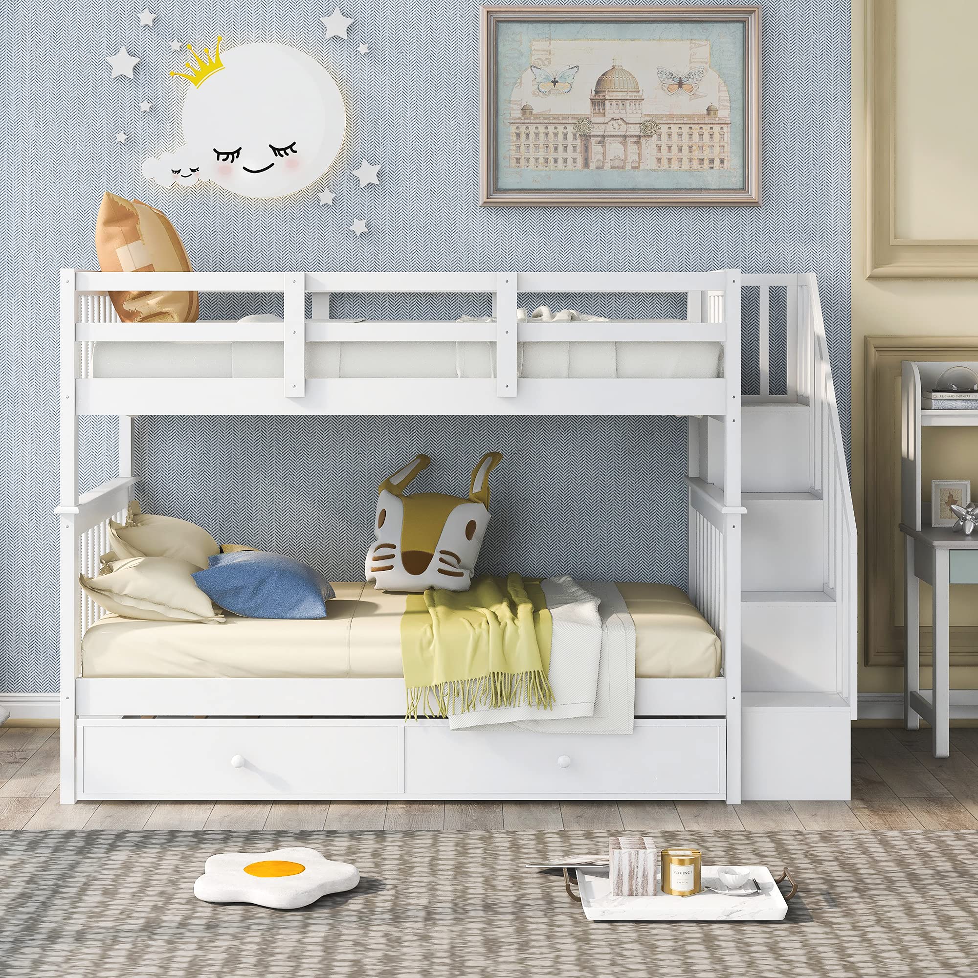 Harper & Bright Designs Twin Over Twin Bunk Bed with Trundle, Storage Shelf, Stairs & Guard Rail - Solid Wood Bunk Bed Frame for Kids, Teens & Adults - Perfect for Small Bedrooms, Guest Rooms & Vacation Homes (White)