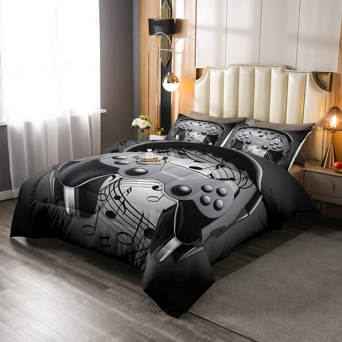 Modern Gaming Bedding Set Queen Size - Headphones & Musical Note Comforter 3-Piece Set for Kids, Teens & Adults - Soft Game Music Theme Duvet Cover with 2 Pillowcases - Perfect for Gamers' Bedroom Decor & Themed Sleepovers
