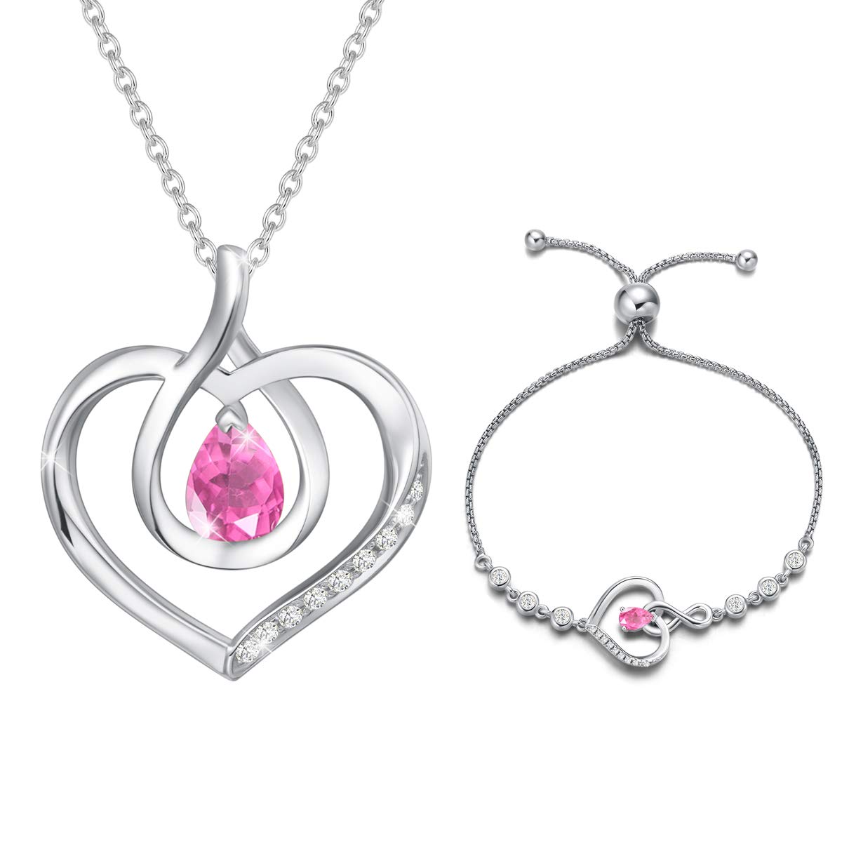 Agvana October Birthstone Heart Necklace & Bracelet Set - Sterling Silver Pink Tourmaline Infinity Love Pendant Jewelry for Women | Perfect Mothers Day Gifts, Anniversary & Birthday Presents for Mom | Elegant Jewelry Set for Daily Wear, Date Nights & Special Occasions