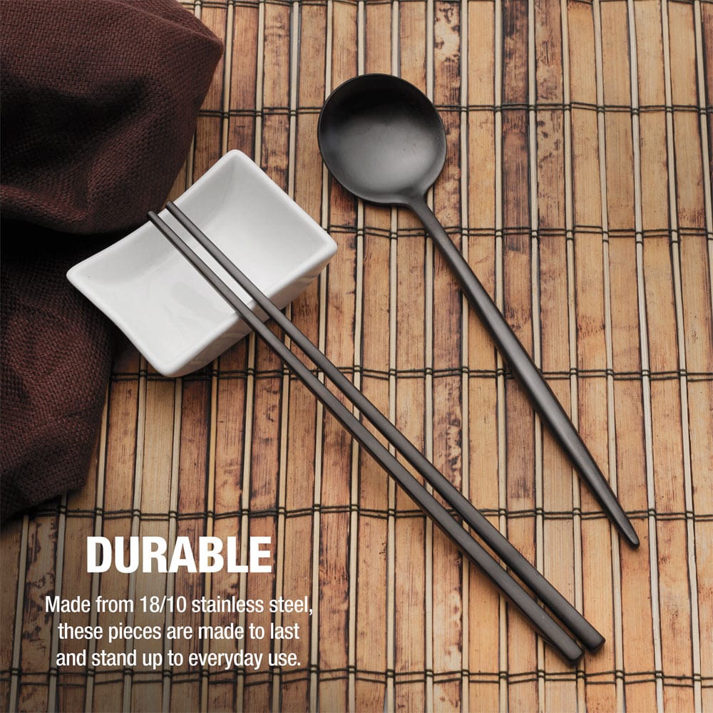 Premium Black Chopsticks and Spoon Set - Elegant Dining Utensils for Sushi, Asian Cuisine & Home Kitchen Use