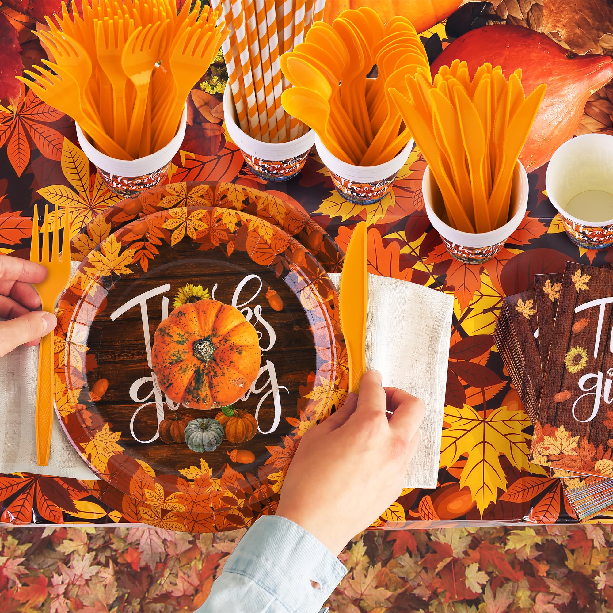 Ruisita 194-Piece Fall Party Dinnerware Set - Thanksgiving Maple Leaves Disposable Plates, Cups, Cutlery, Napkins & Tablecloth - Autumn Harvest Party Supplies for 24 Guests - Perfect for Thanksgiving, Halloween, and Seasonal Gatherings