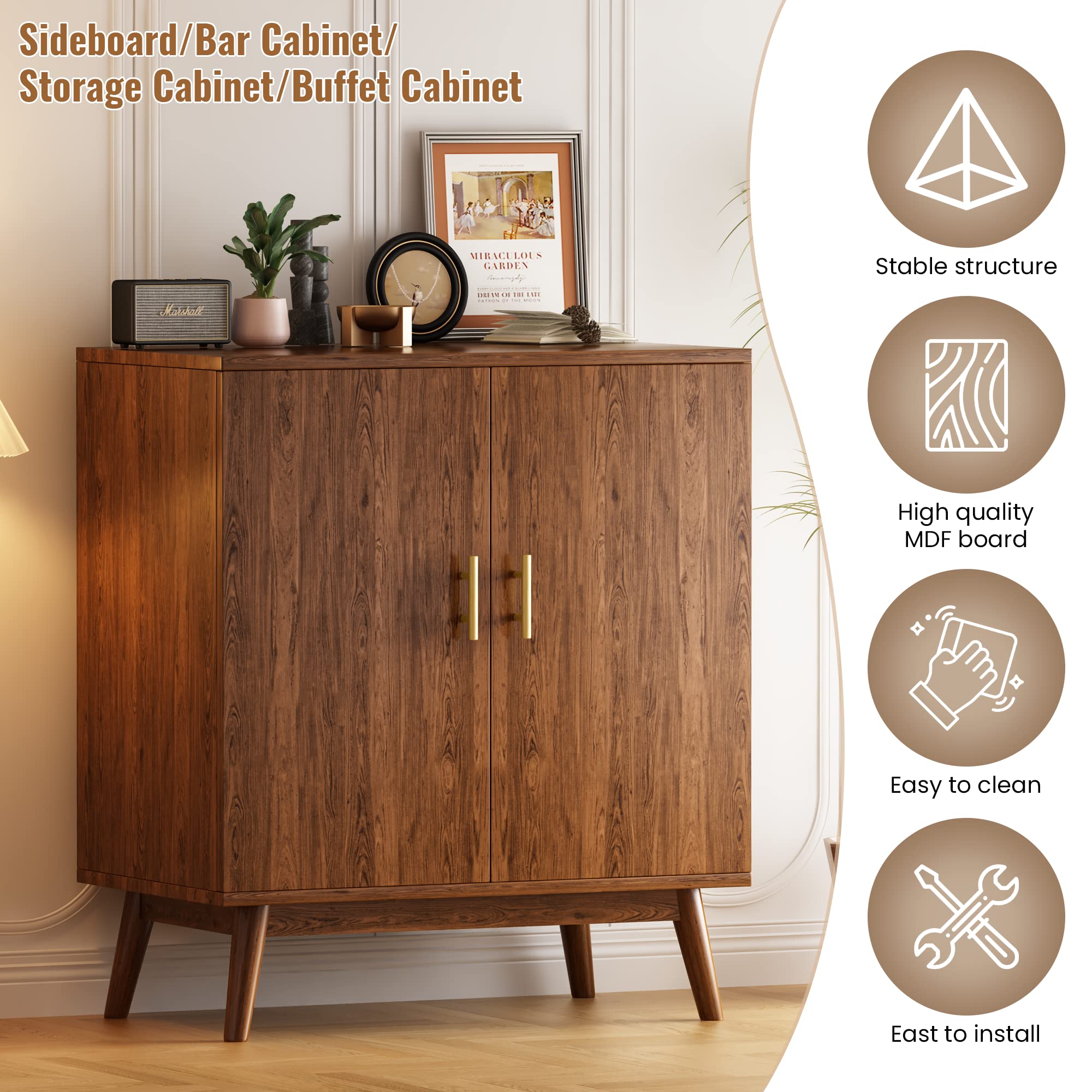 Lamerge Wine Bar Cabinet - Walnut Kitchen Storage Cabinet with Wine Rack & Shelves, Liquor & Coffee Bar Organizer for Home, Living Room, Kitchen, Hallway - Perfect for Entertaining Guests & Home Decor