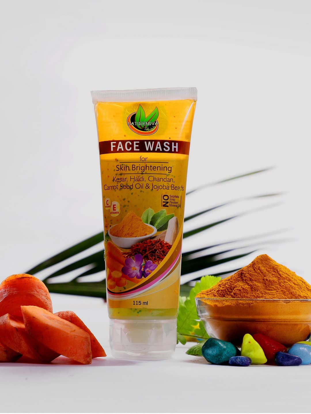 NATURENOVA HERBALS Brightening Face Wash with Kesar, Haldi, Chandan & Jojoba Beads - Vitamin C & E for Glowing Skin - Reduces Blemishes & Wrinkles - Sulfate & Paraben Free - 115ml | Perfect for Daily Skincare Routine & Anti-Aging Care