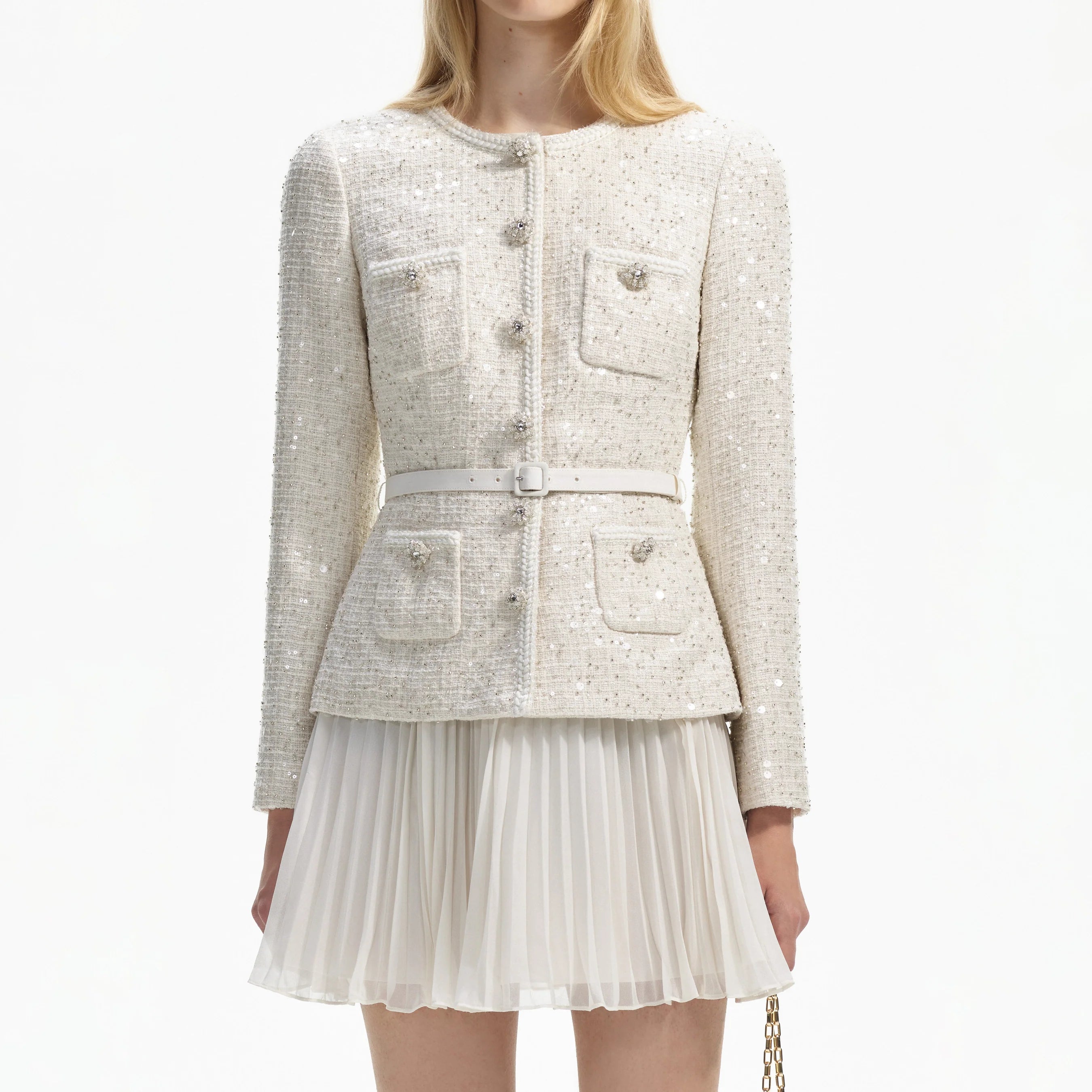 Elegant Cream Sequin Boucle Tailored Mini Dress for Women - Perfect for Cocktail Parties, Weddings & Evening Events