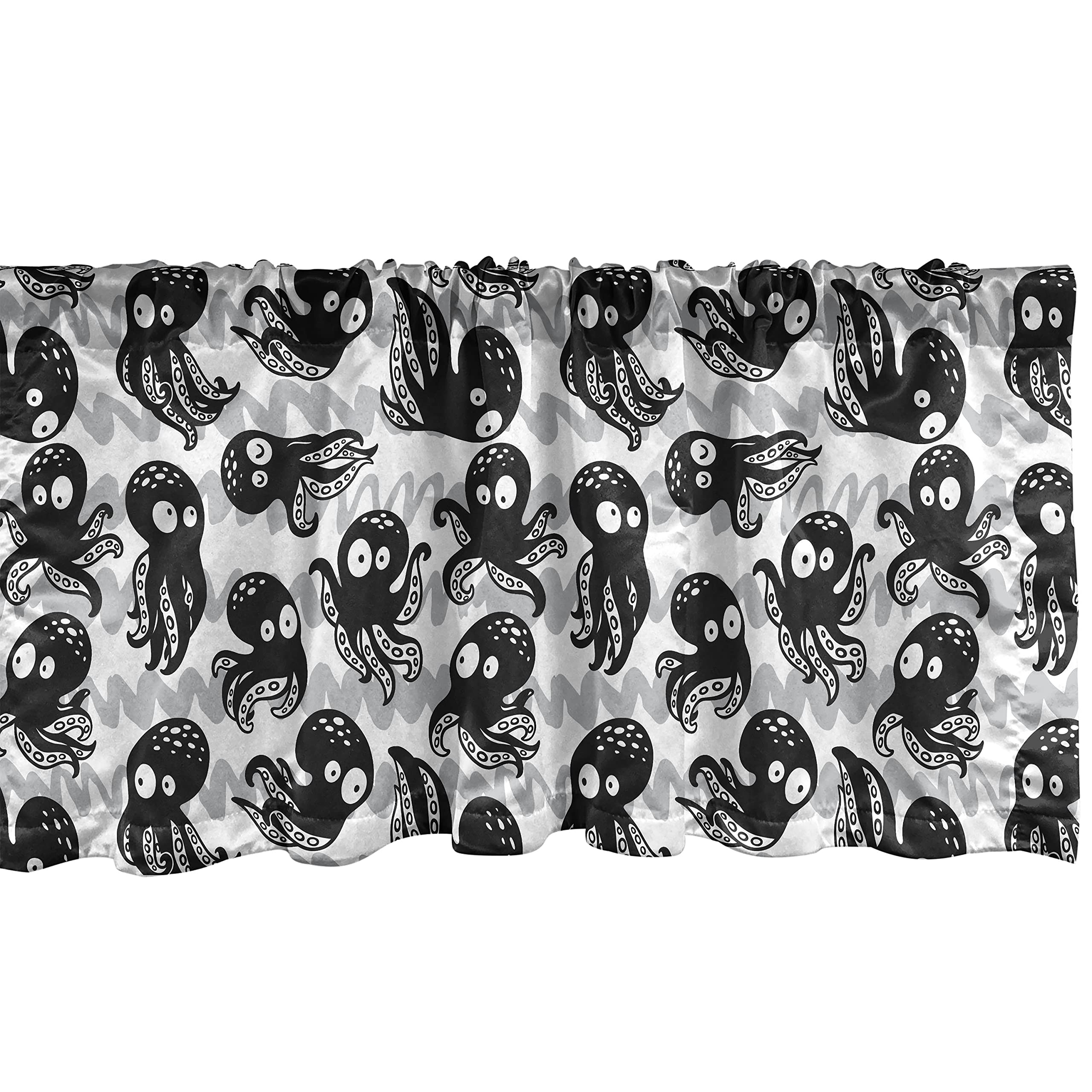 Ambesonne Octopus Window Valance - Playful Cartoon Ocean Animal Design with Rod Pocket (54x18 Inch) | Black Grey White Kitchen & Bedroom Curtain Valance | Perfect for Coastal Themed Decor, Kids' Rooms & Beach House Interiors