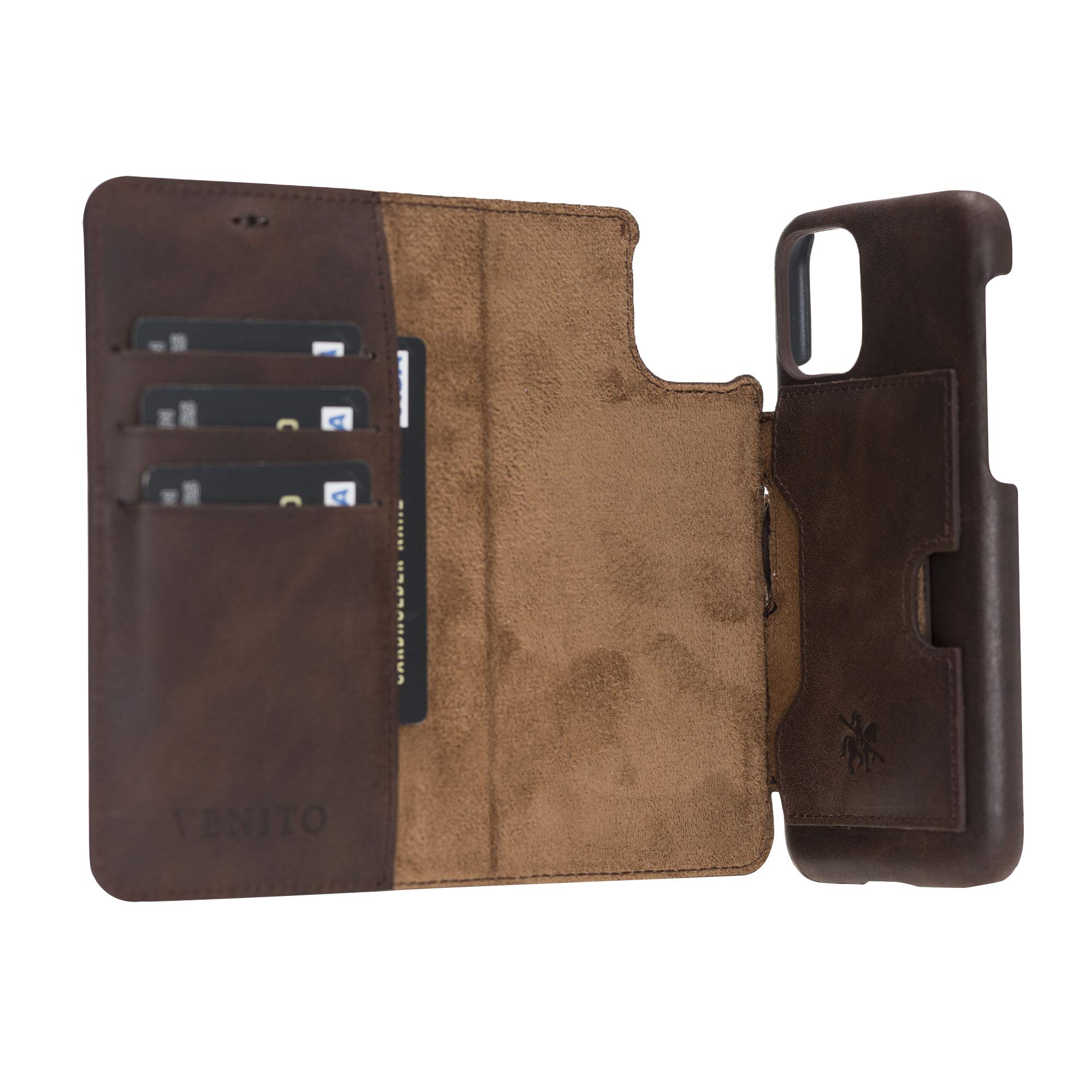 Venito Florence Genuine Leather Wallet Phone Case for iPhone 11 Pro - RFID Blocking Protection - Detachable Design (Coffee Brown) - Perfect for Travel, Business & Everyday Use