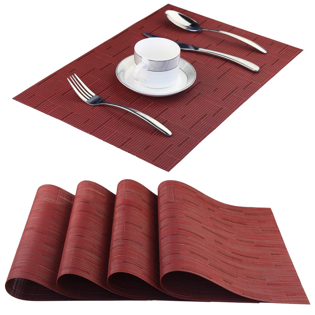 Washable Vinyl Placemats Set of 4 - Burgundy Red Woven Table Mats for Dining, Kitchen & Outdoor Use - Easy to Clean & Durable