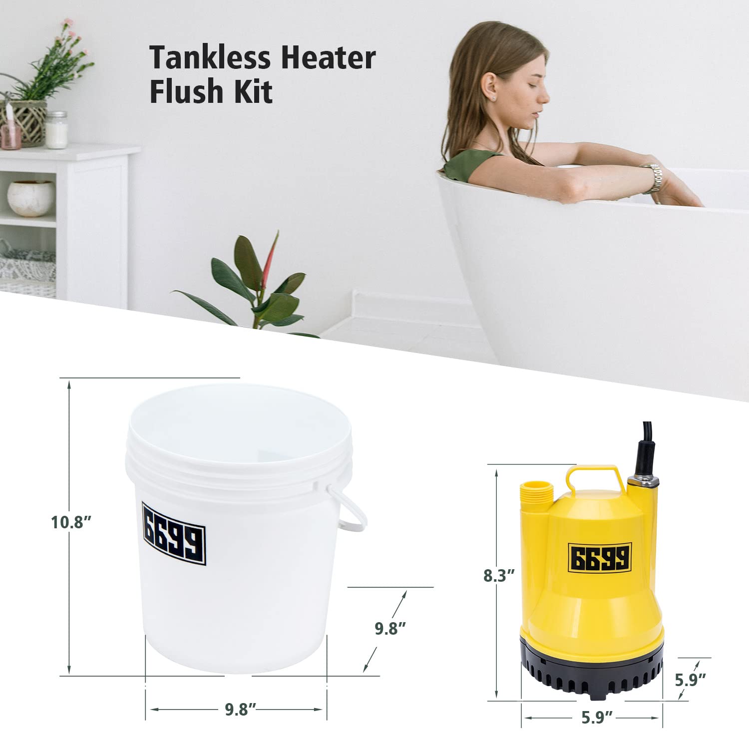 **Tankless Water Heater Descaling Flush Kit - Includes Submersible Pump, 3-Gallon Pail, Bucket Lid Opener & 6FT PVC Hoses - Easy Installation for Cleaning & Maintenance (Ideal for Home, RV & Commercial Use)**