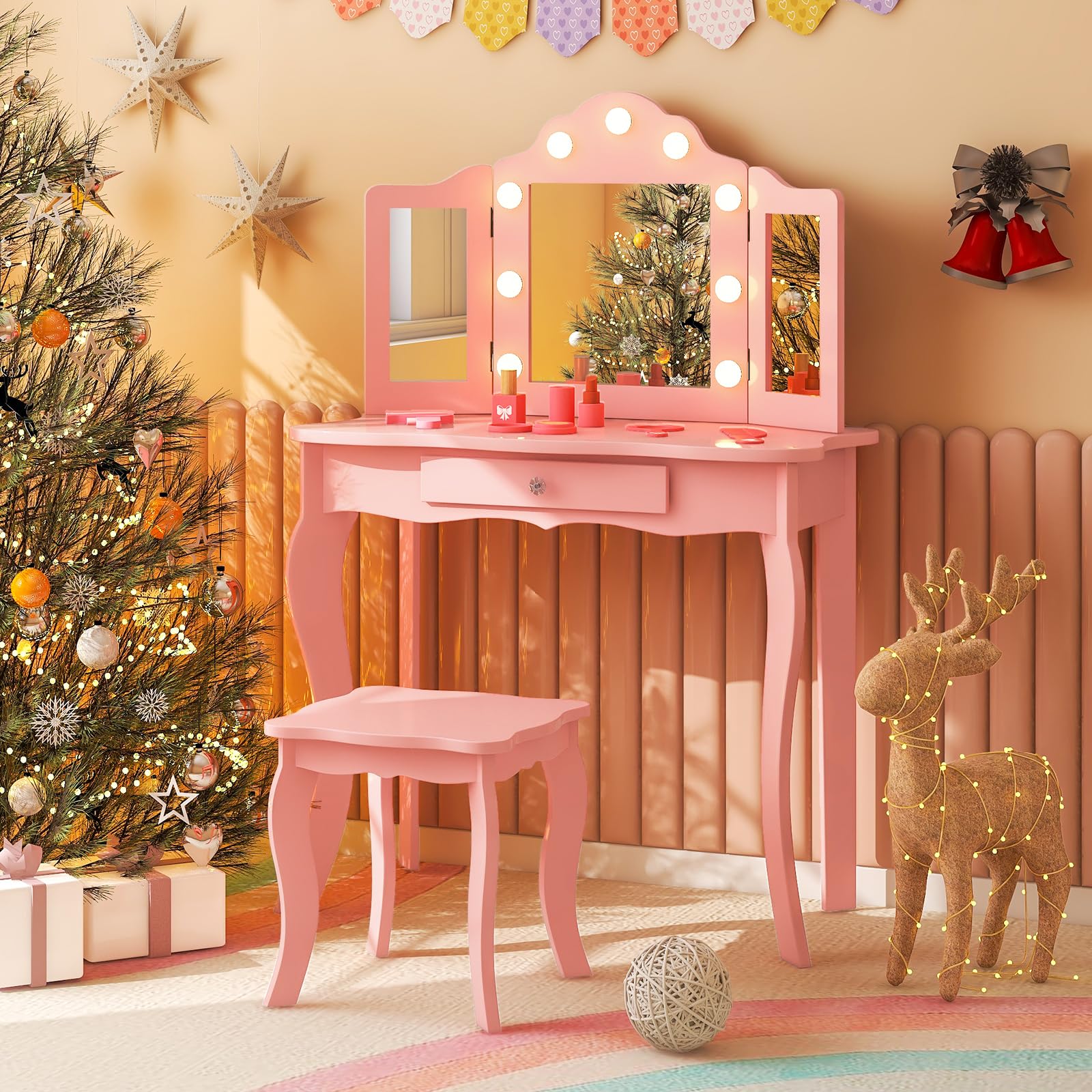 AKUSTIK Kids Vanity with LED Lights - 2-in-1 Wooden Dressing Table & Chair Set with Tri-Fold Mirror, Stool & Storage Drawer - Princess Pretend Play Beauty Kit - Perfect Gift for Toddler Girls (Ideal for Bedroom Play, Birthday Presents & Role-Playing Activities)
