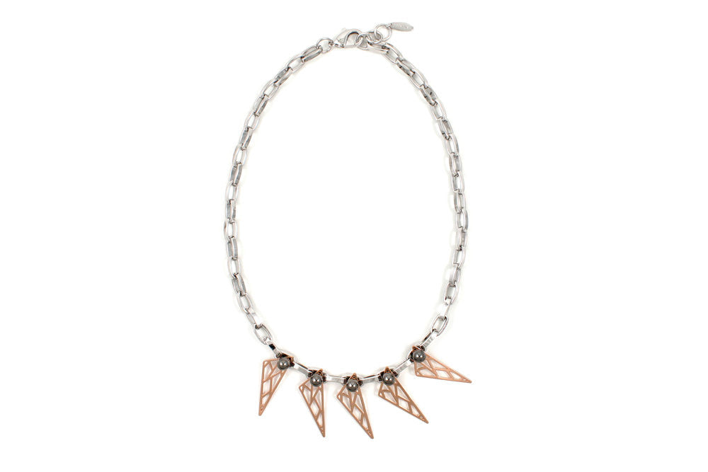 Rose Gold and Rhodium Plated Triangle and Sphere Pendant Necklace for Women - Elegant Statement Jewelry for Parties, Weddings, and Special Occasions