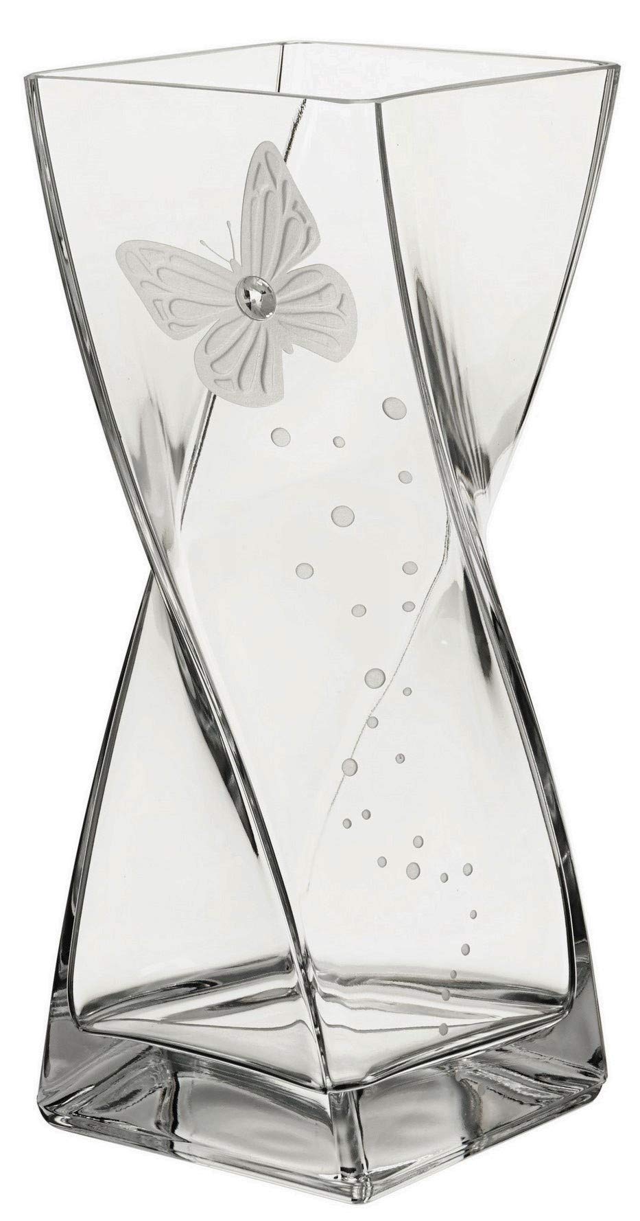 **Handmade Large Glass Butterfly Vase with Swarovski® Crystal & Sandblasted Design - 11.8 Inch (30cm) Elegant Home Decor - Perfect for Wedding, Anniversary, or Luxury Gift in Golden Gift Box**