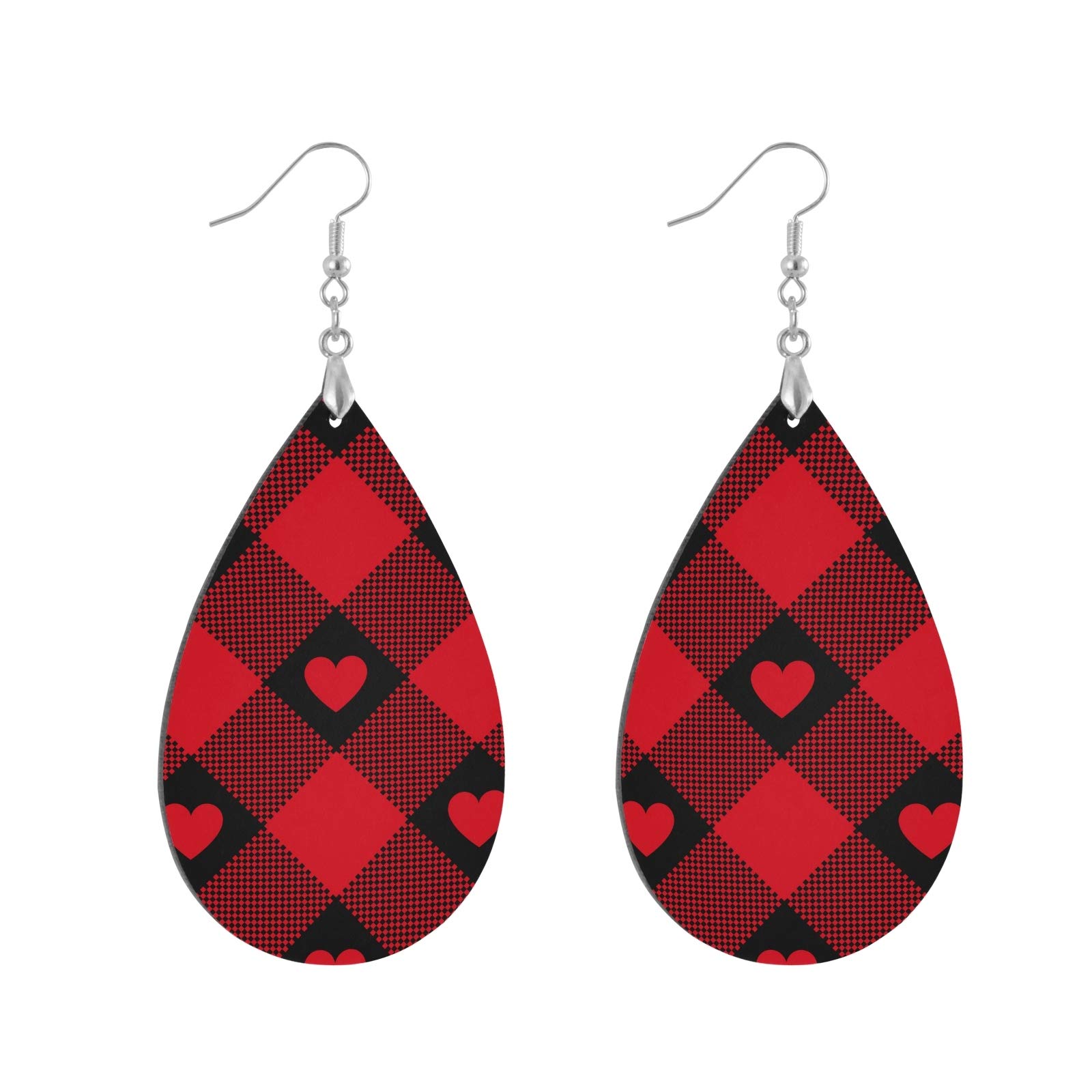 OTVEE Heart-Shaped Buffalo Check Plaid Dangle Drop Earrings for Women & Teen Girls - Silver Plated Brass Jewelry - Perfect for Casual Wear, Parties & Gifts
