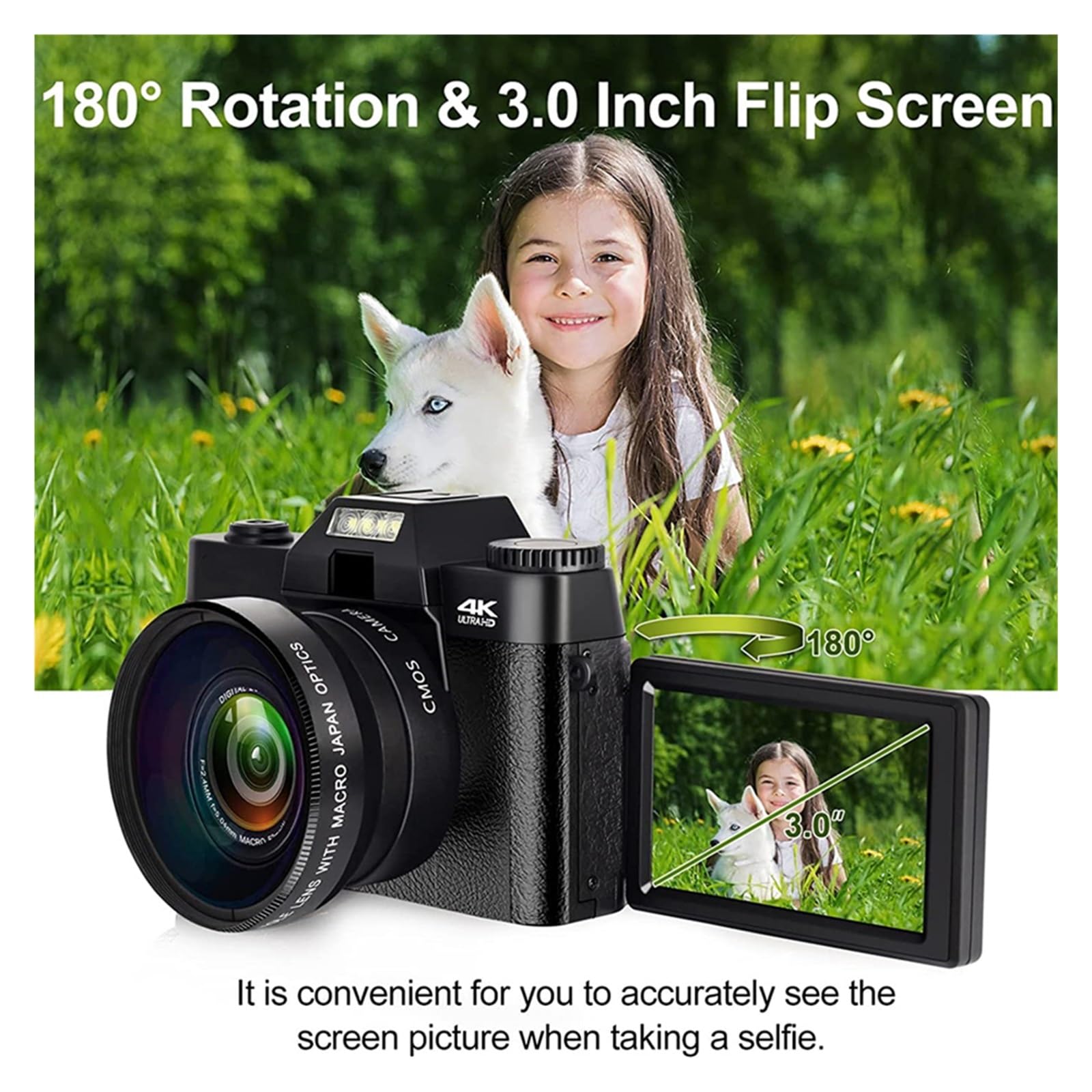 4K 48MP Digital Video Camera with Macro Lens & Wide Angle - WiFi Vlog Camcorder, 3