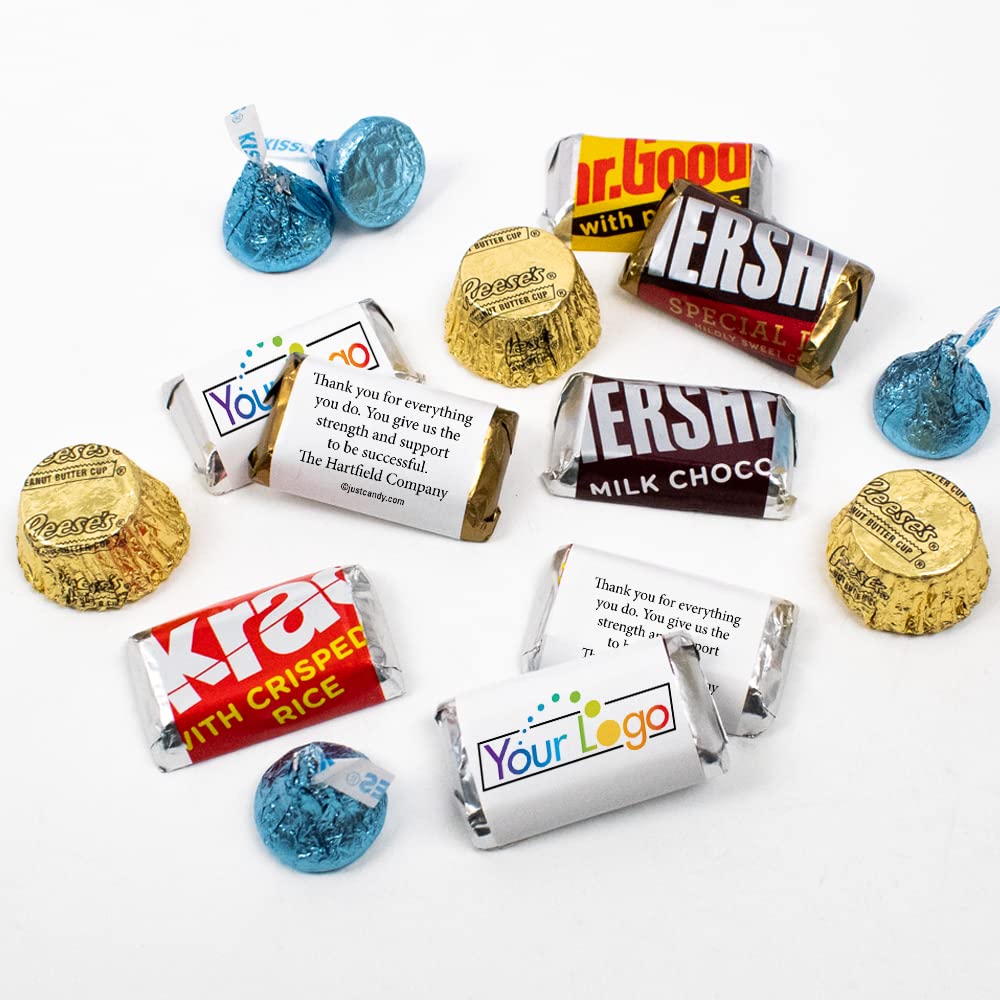 190 Pcs Bulk Custom Candy with Business Logo - Personalized Mini Chocolates, Kisses & Peanut Butter Cups for Candy Buffet, Party Favors & Corporate Gifts (Gold & Light Blue)