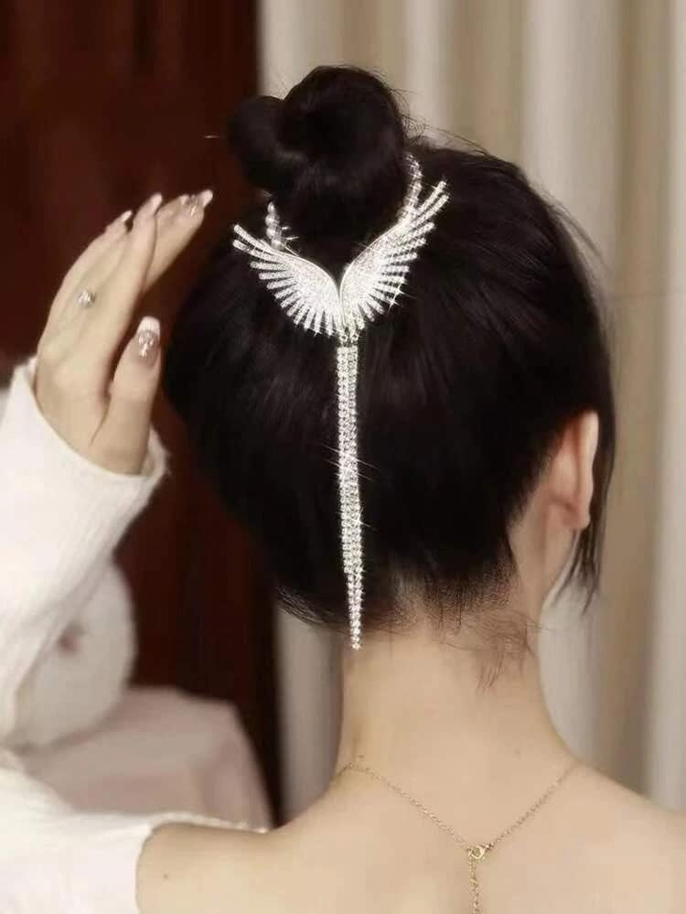 1 Pcs Rhinestone Wings Banana Clip - Alloy Hair Claw Bun Holder with Tassel - Vintage Hair Accessories for Women, Party, Wedding & Special Occasions
