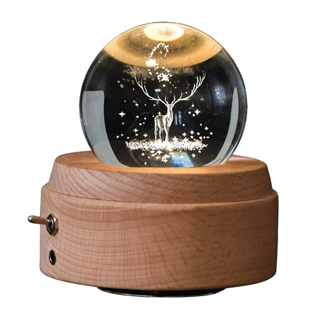AFLHYJK Wooden Crystal Ball Music Box with LED Projection & Rotating Light - Perfect for Birthday Gifts, Wedding Decor, Home Decoration and Relaxation