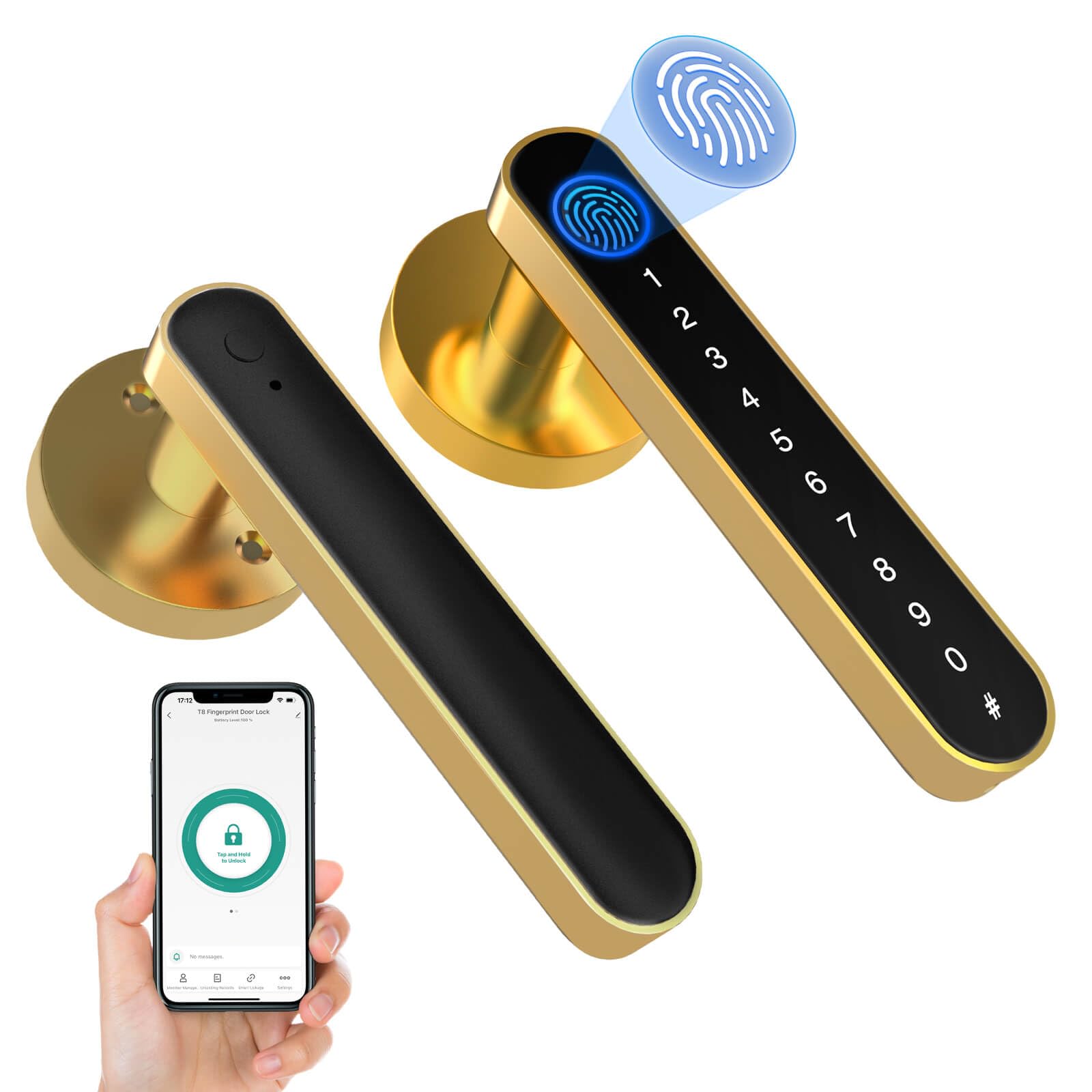 eLinkSmart Fingerprint Door Knob Lock - Keyless Entry Smart Lock with Biometric & Code Keypad - Electronic Security Door Lever for Bedroom, Interior & Indoor Rooms (Gold) | Perfect for Home Security & Smart Access Control