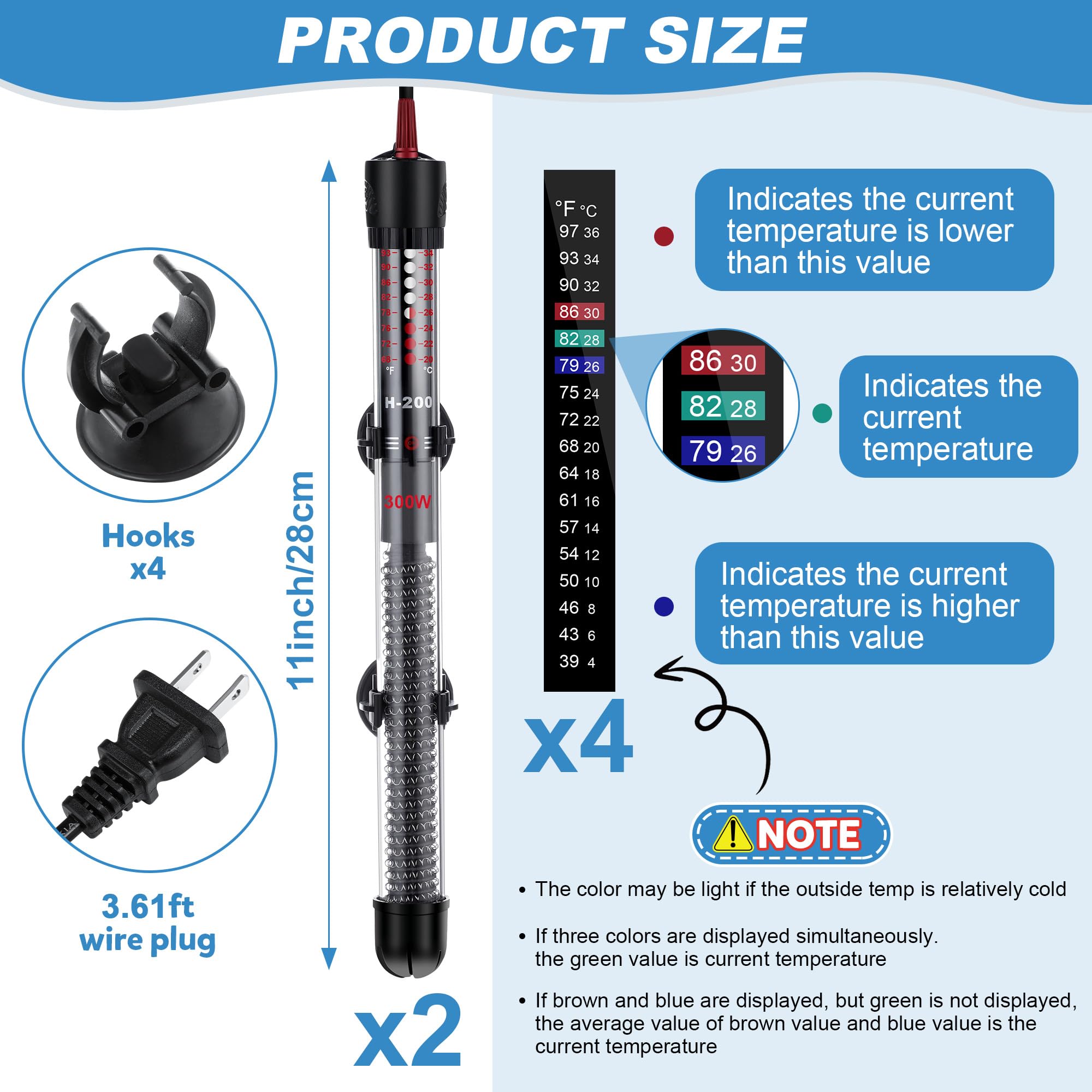 Dreyoo 2-Pack 300W Submersible Aquarium Heater with Adjustable Thermostat & Thermometer Stickers - Fish Tank Water Heater for Freshwater/Saltwater Aquariums - Perfect for Home, Office, or Classroom Fish Tanks